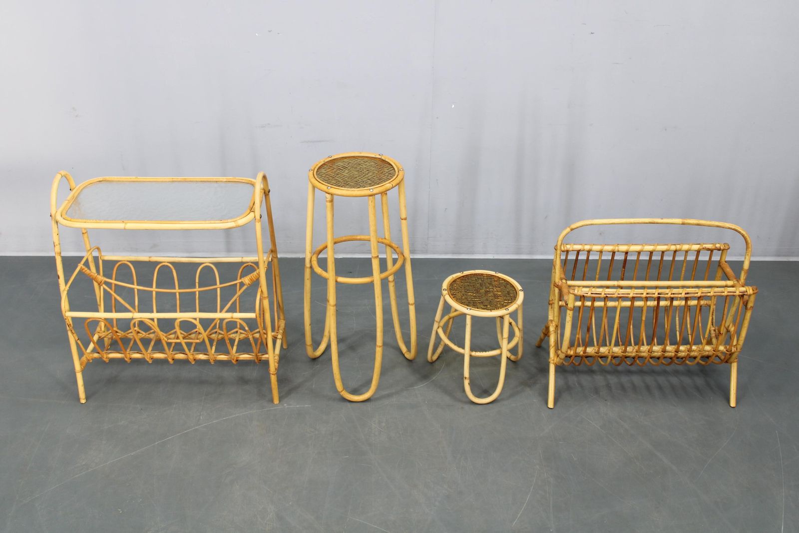 Mid Century European Rattan Accessories Set With Tables And Magazine Racks 1960s photo for sale