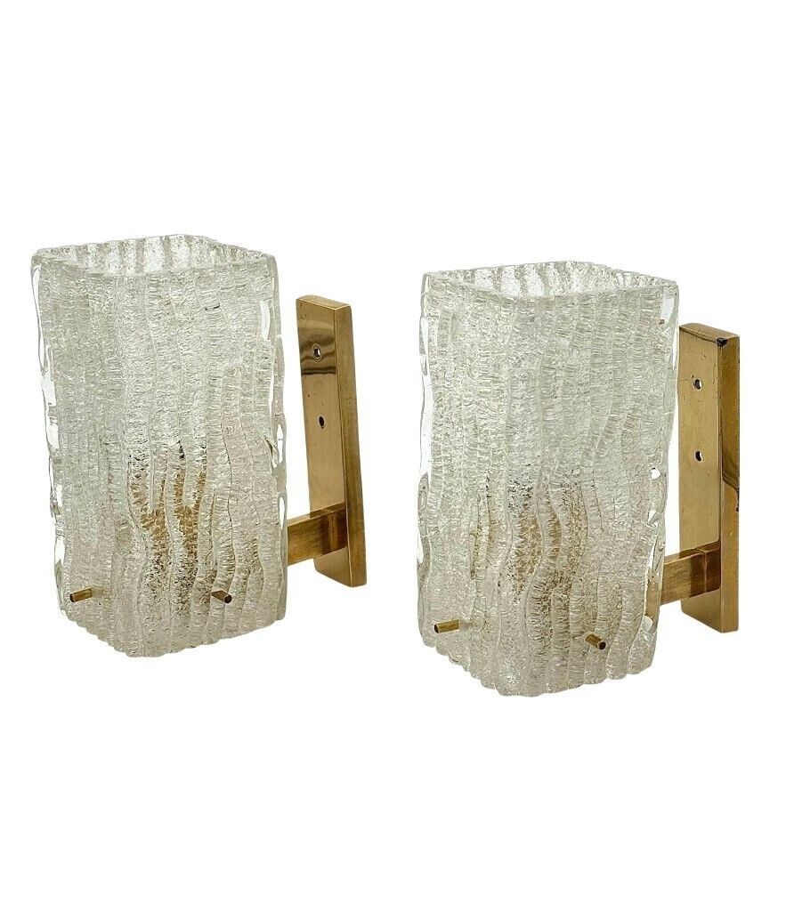 A Pair 1970s "Ice Glass" Murano And Brass Wall Sconces By German Lighting Company Rzb Leuchten.