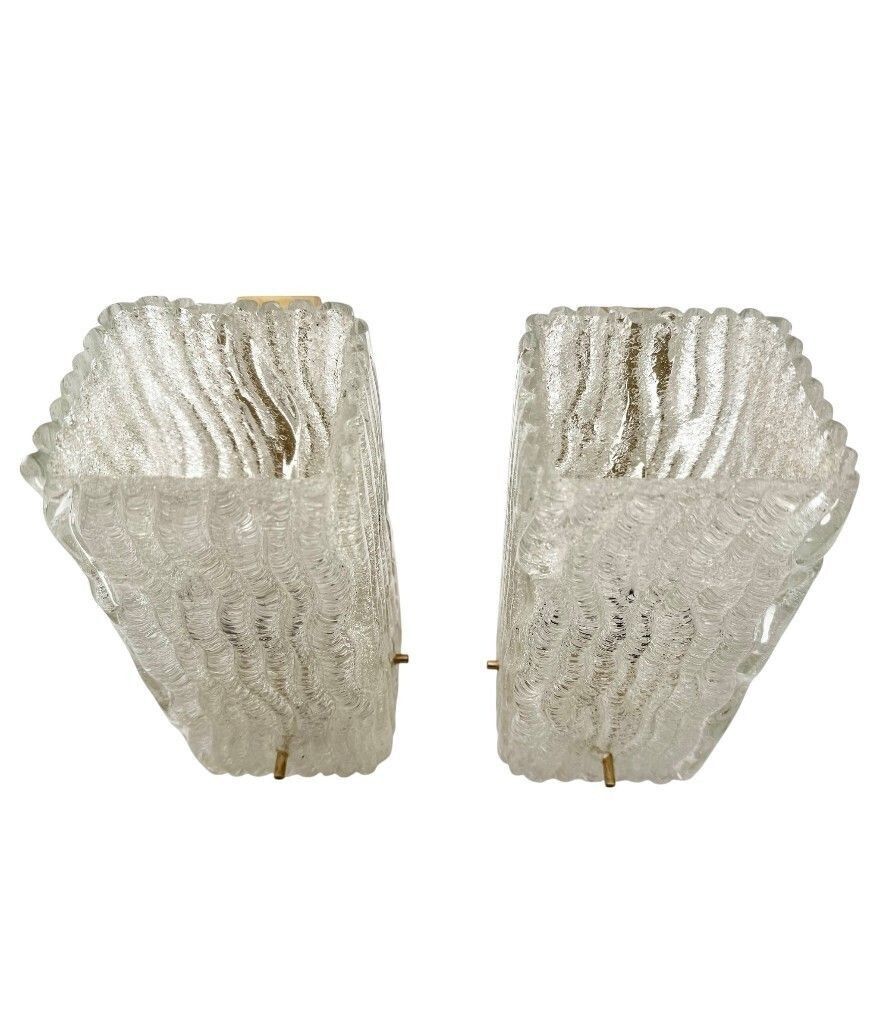 photo vinterior A Pair 1970s "Ice Glass" Murano And Brass Wall Sconces By German Lighting Company Rzb Leuchten.