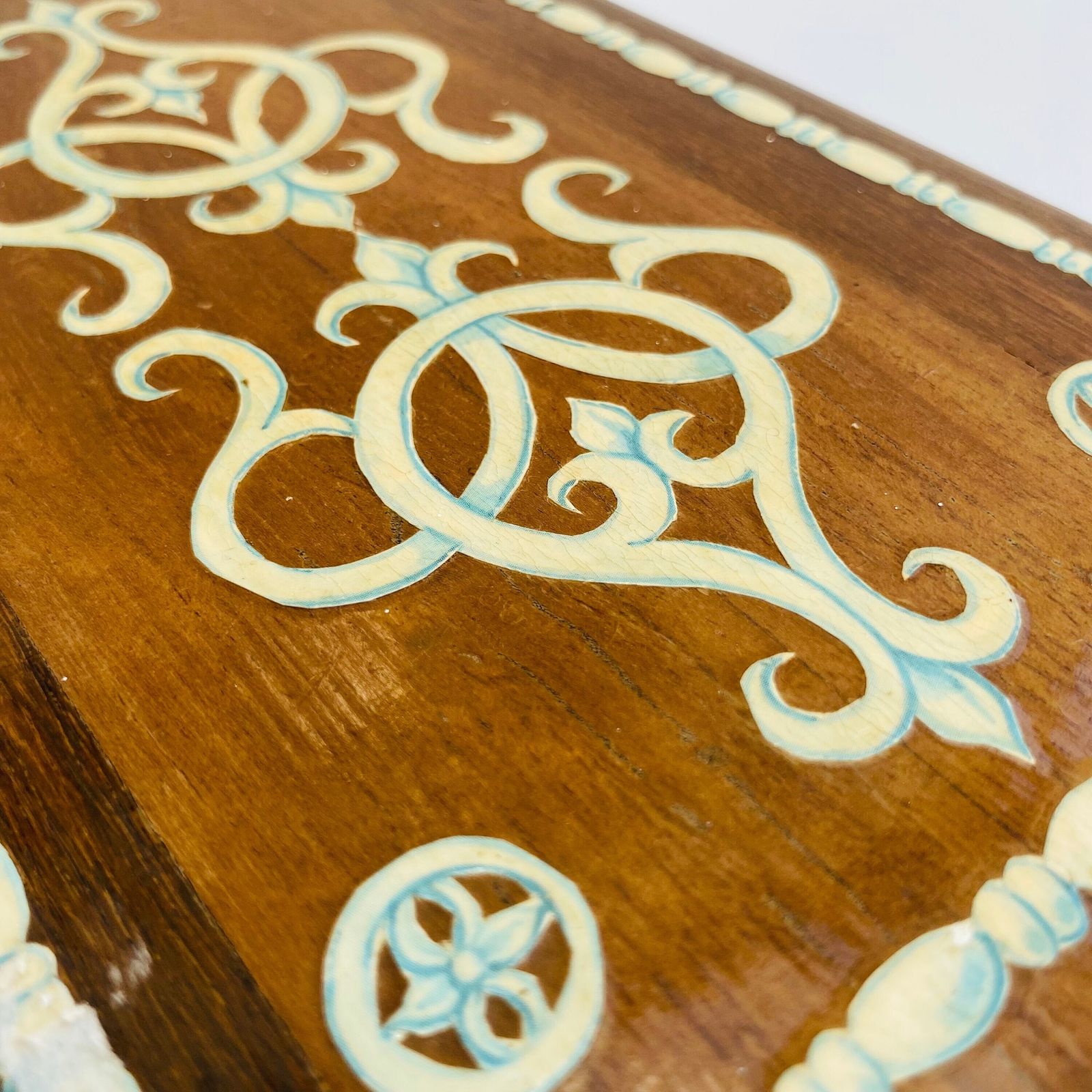 Antique Rare Cream/Blue Painted Decoupage Arts & Crafts Style Lacquer Wooden Victorian Box Oak Original Dark Green Felt  Leather Band photo for sale