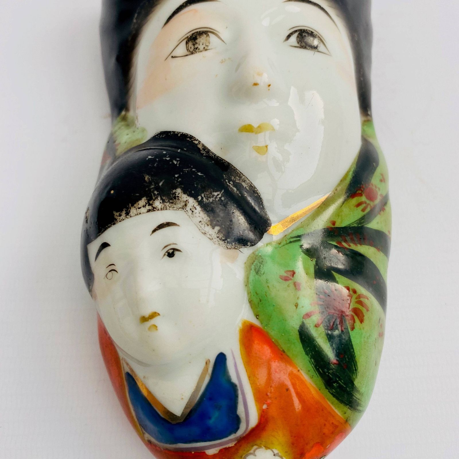 Mid Century Japanese Porcelain Wall Vase: Hand Painted Geisha, Parent And Child photo for sale