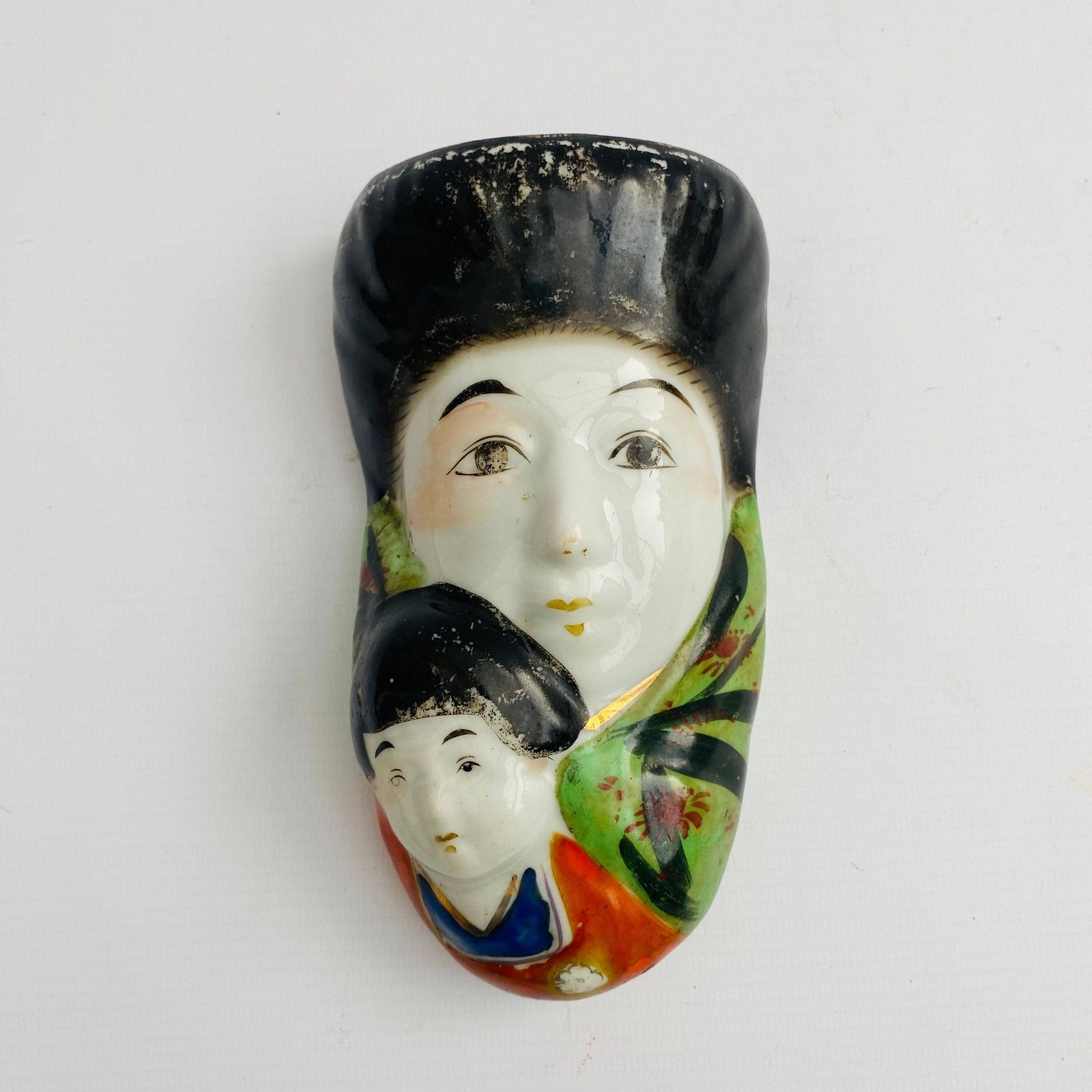 Mid Century Japanese Porcelain Wall Vase: Hand Painted Geisha, Parent And Child photo vintage