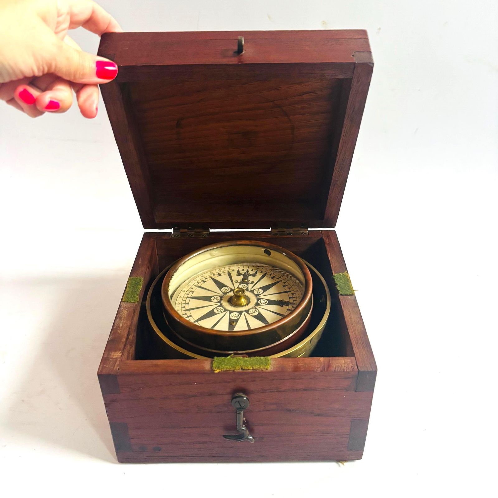 Antique Ottoman Qibla Compass | 19th Century Islamic Direction Finder In Oak Case/Glass Crack