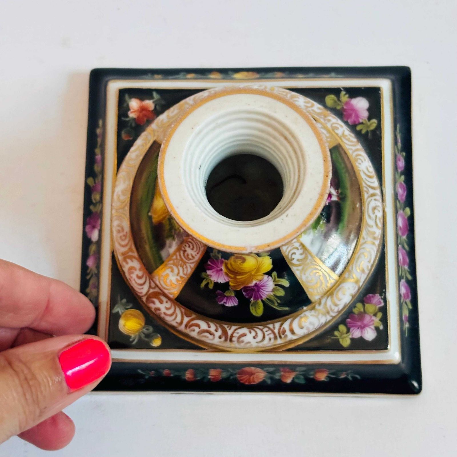 photo for sale Antique German Porcelain Candlestick | Hand Painted Musician & Pastoral Scene | Gilt Black Desk Ornament C.1900 Some Wear