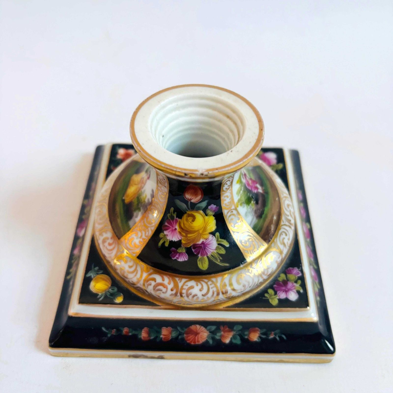 82.0 Antique German Porcelain Candlestick | Hand Painted Musician & Pastoral Scene | Gilt Black Desk Ornament C.1900 Some Wear photo