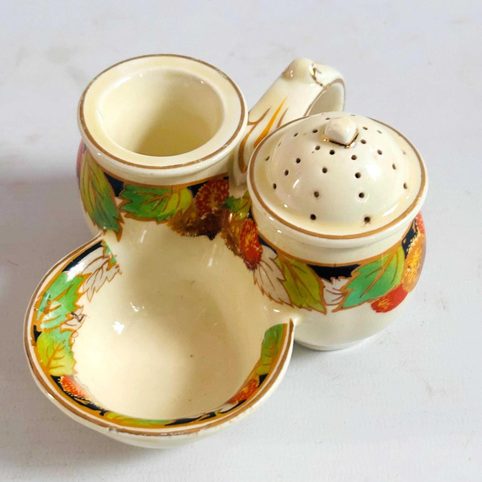 Collectable 1930s Staffordshire Ceramic Cruet Set Crown Ducal Missing Lid Harvest Autumn