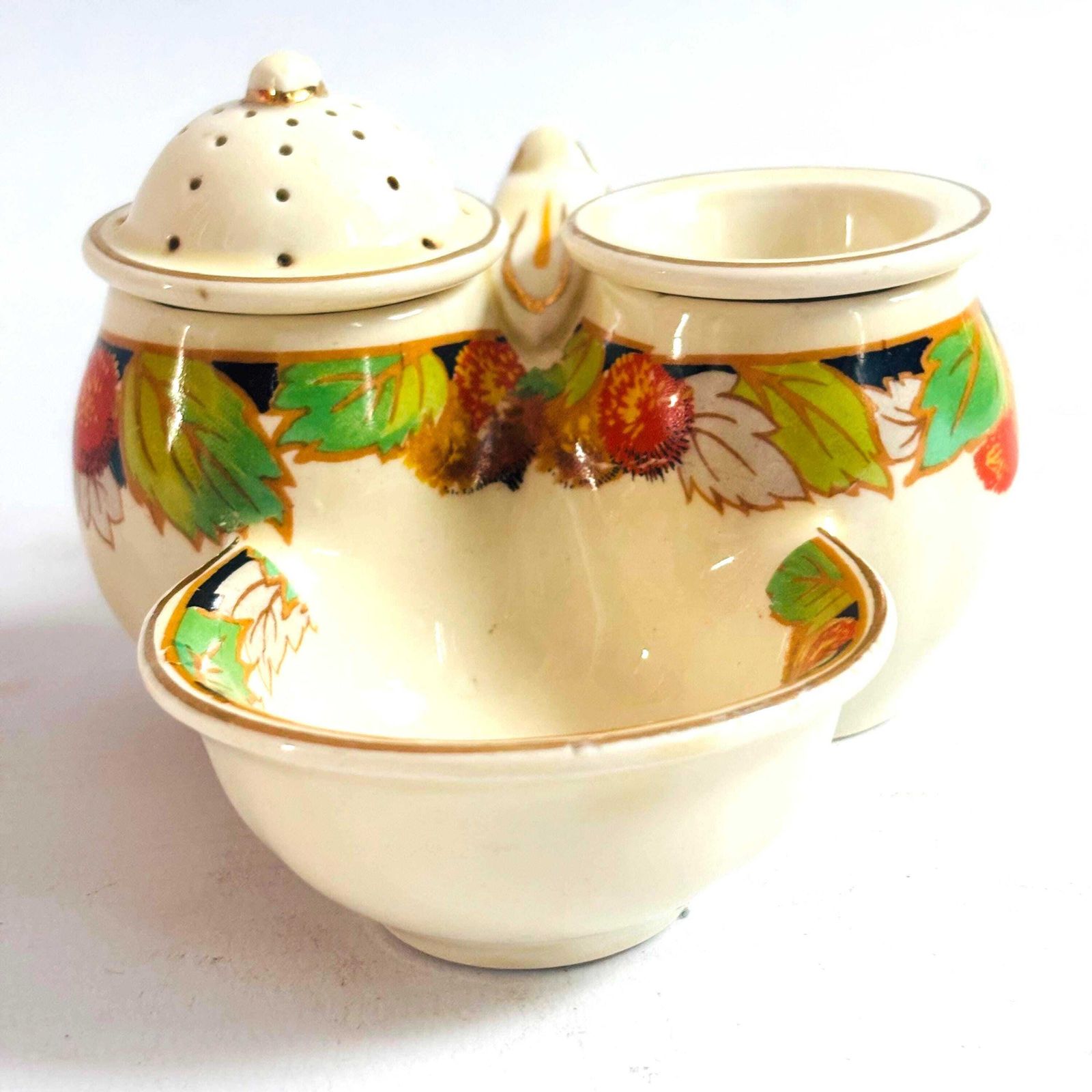Collectable 1930s Staffordshire Ceramic Cruet Set Crown Ducal Missing Lid Harvest Autumn photo 58.0