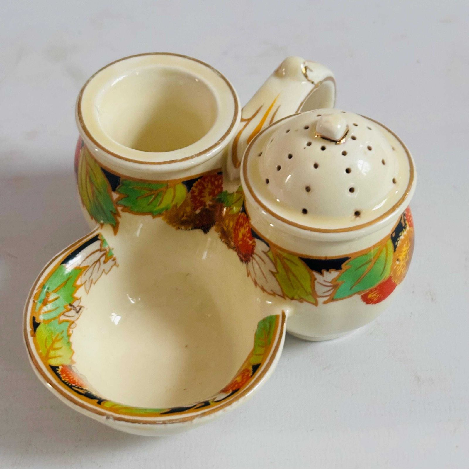 Home Decor Collectable 1930s Staffordshire Ceramic Cruet Set Crown Ducal Missing Lid Harvest Autumn photo