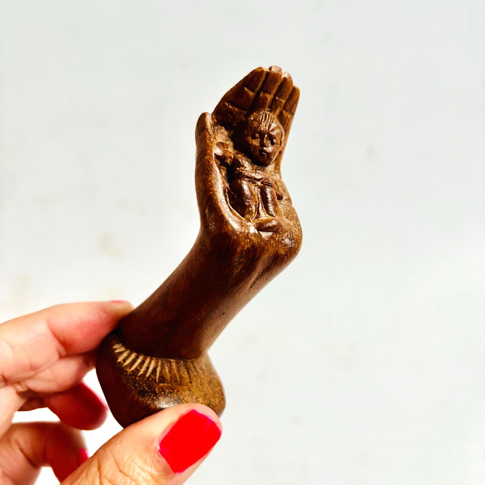 Vintage Hand Carved Balinese/Indonesian Deity In Hand Sculpture | Folk Art Home Decor, Unique Baby Gift photo furniture