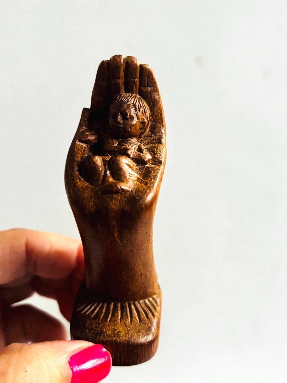 Art Vintage Hand Carved Balinese/Indonesian Deity In Hand Sculpture | Folk Art Home Decor, Unique Baby Gift photo