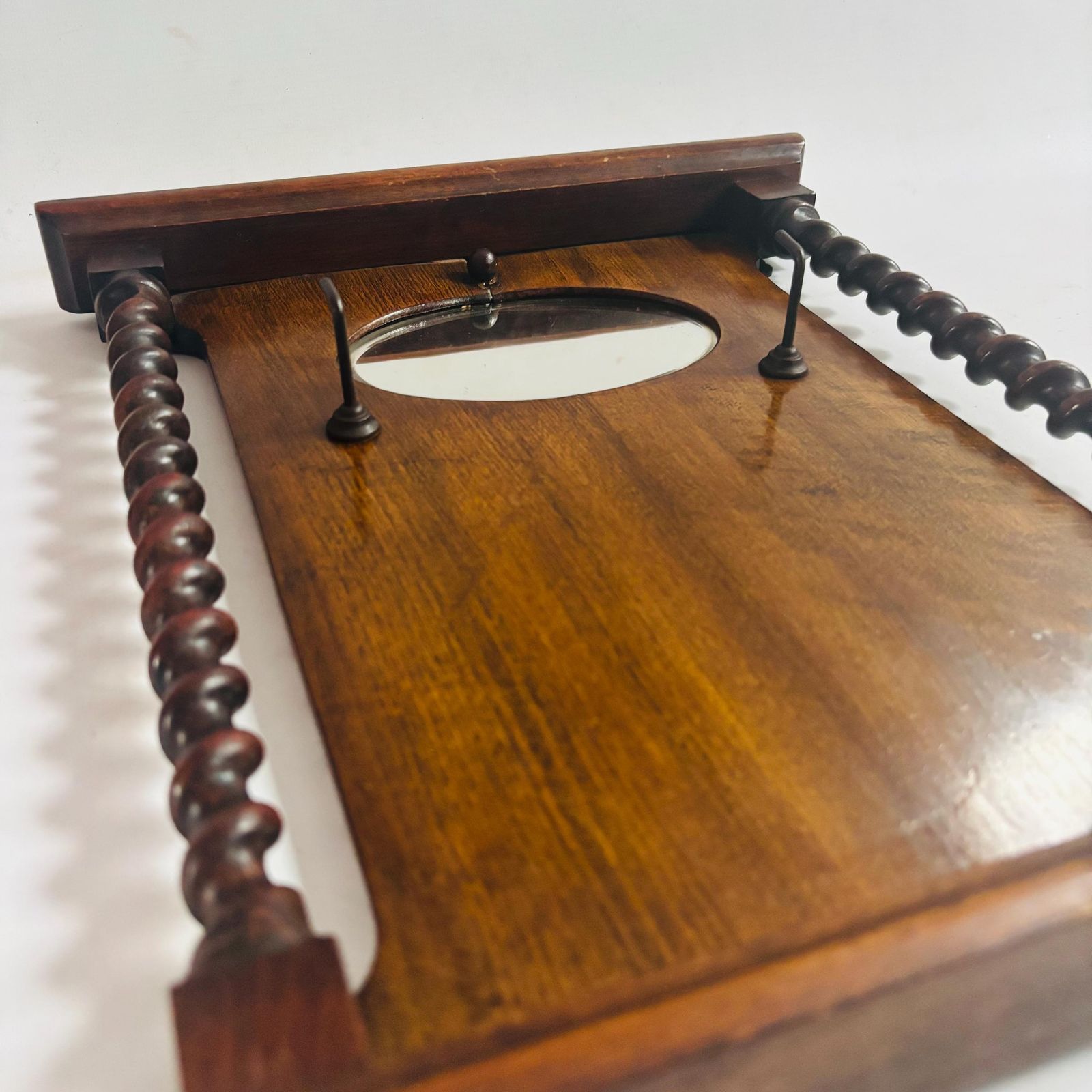 135.0 Antique Edwardian Twisted Mahogany Entrance Hall Mirror: Beveled Round Mirror & Key Hooks photo