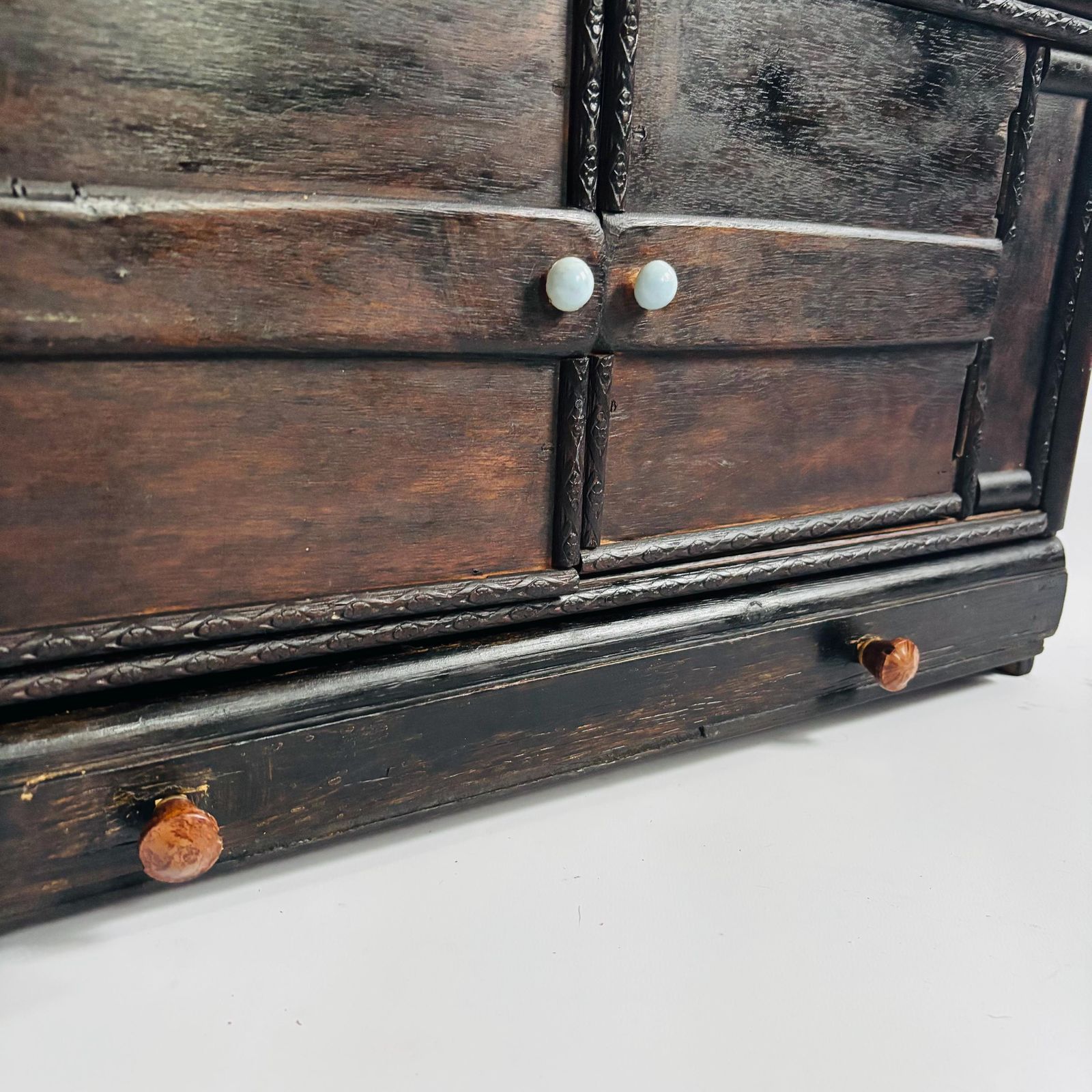 Antique Elm Apothecary Cabinet: Rustic Tabletop Display Cupboard photo vinterior