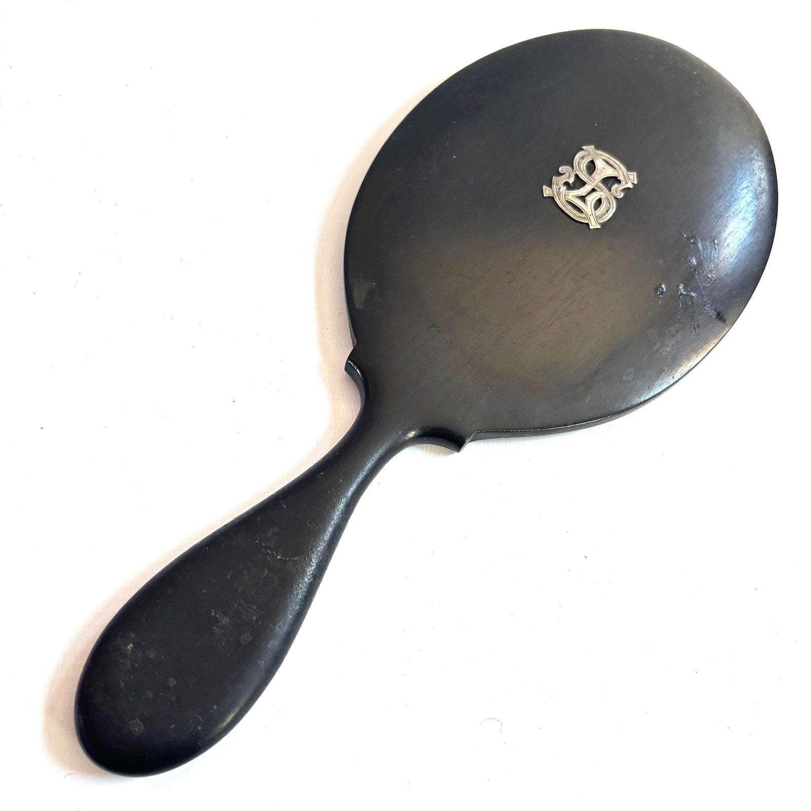 Antique Ebony Wood Hand Mirror: 1890s Victorian Bevelled Glass, Silver Initials