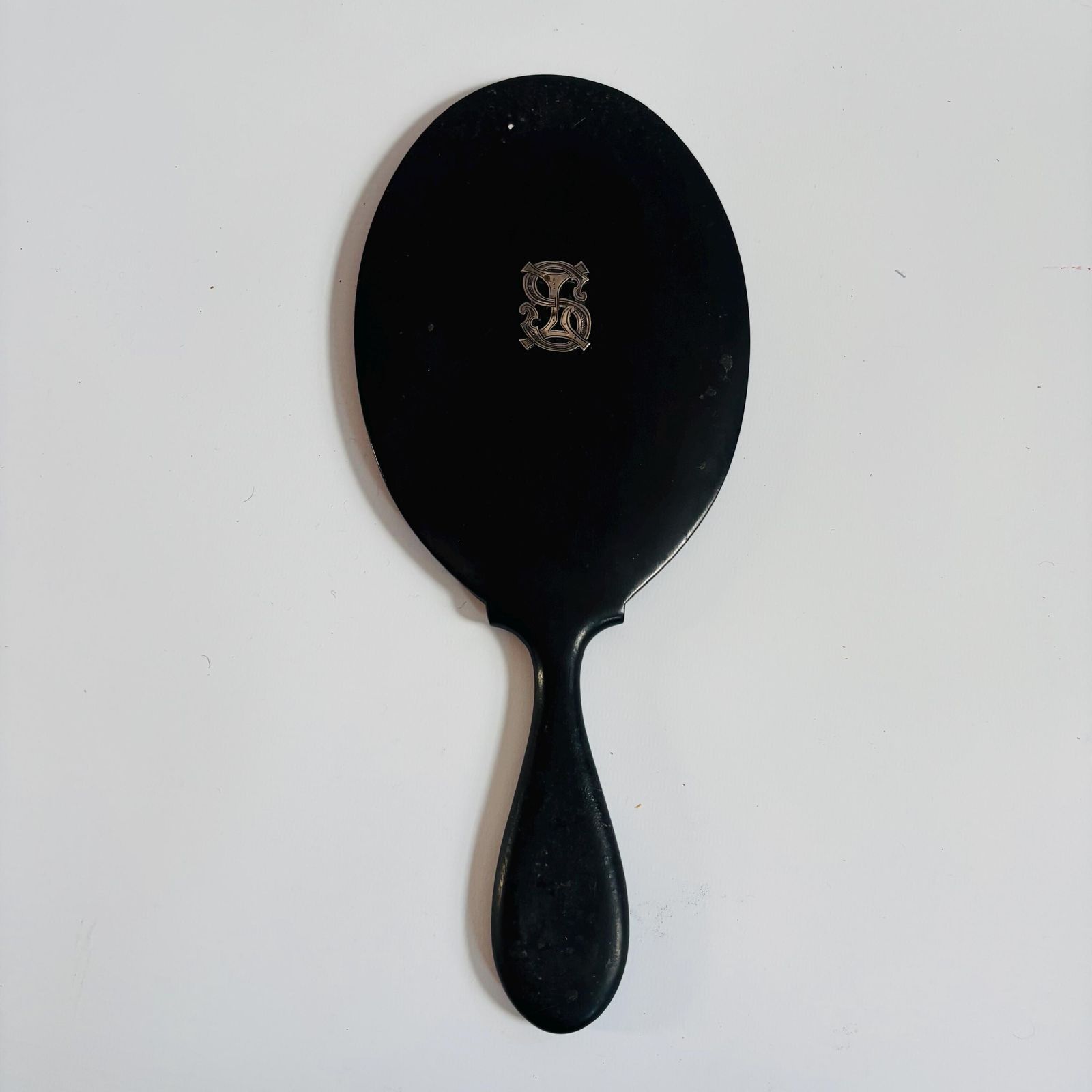 Antique Ebony Wood Hand Mirror: 1890s Victorian Bevelled Glass, Silver Initials photo furniture