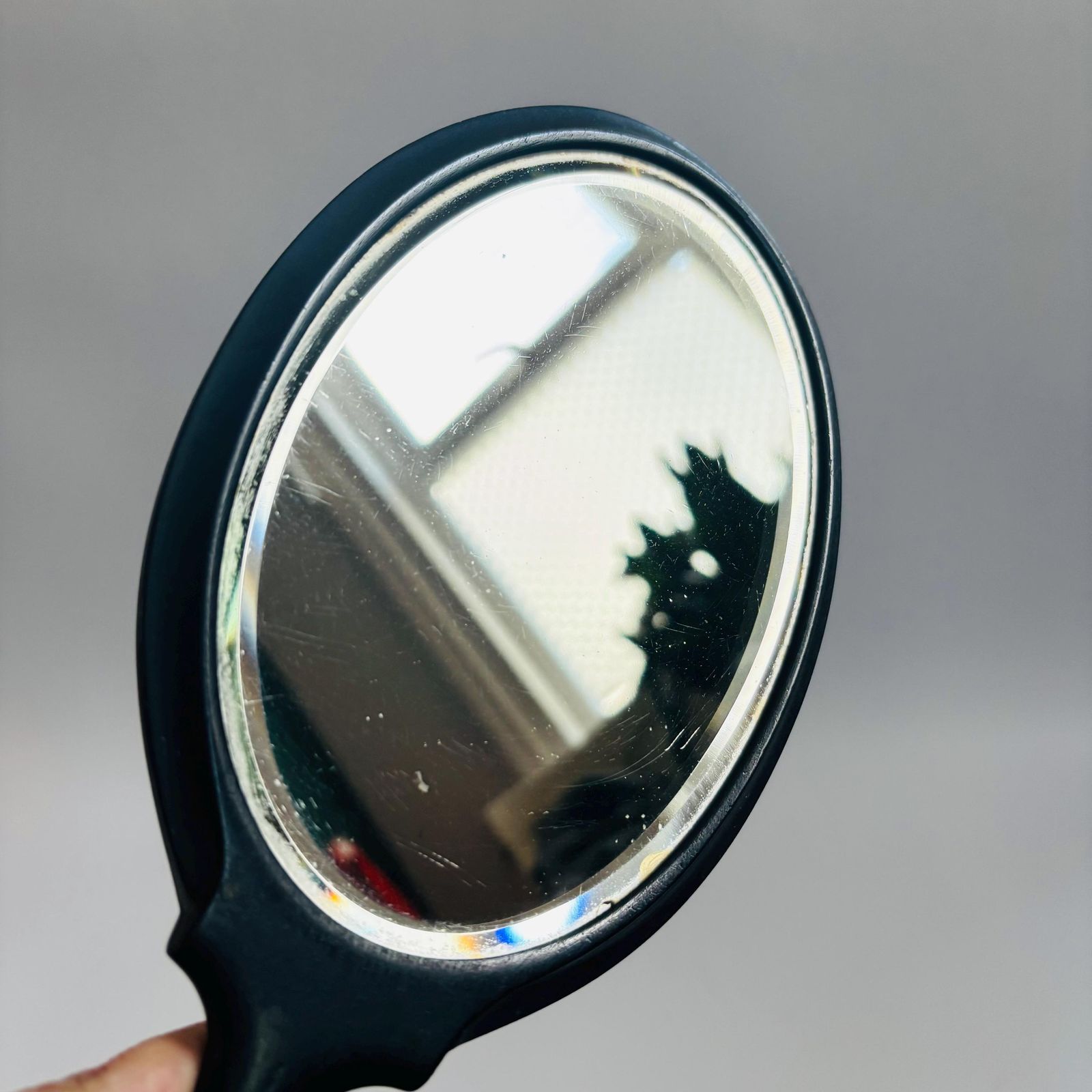 Antique Ebony Wood Hand Mirror: 1890s Victorian Bevelled Glass, Silver Initials photo vinterior
