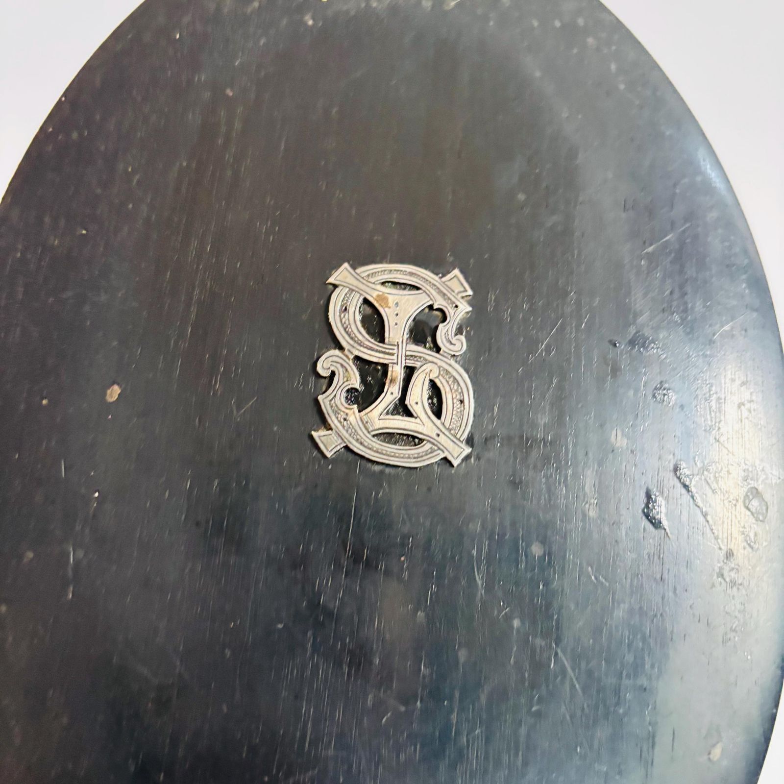 Antique Ebony Wood Hand Mirror: 1890s Victorian Bevelled Glass, Silver Initials photo vintage