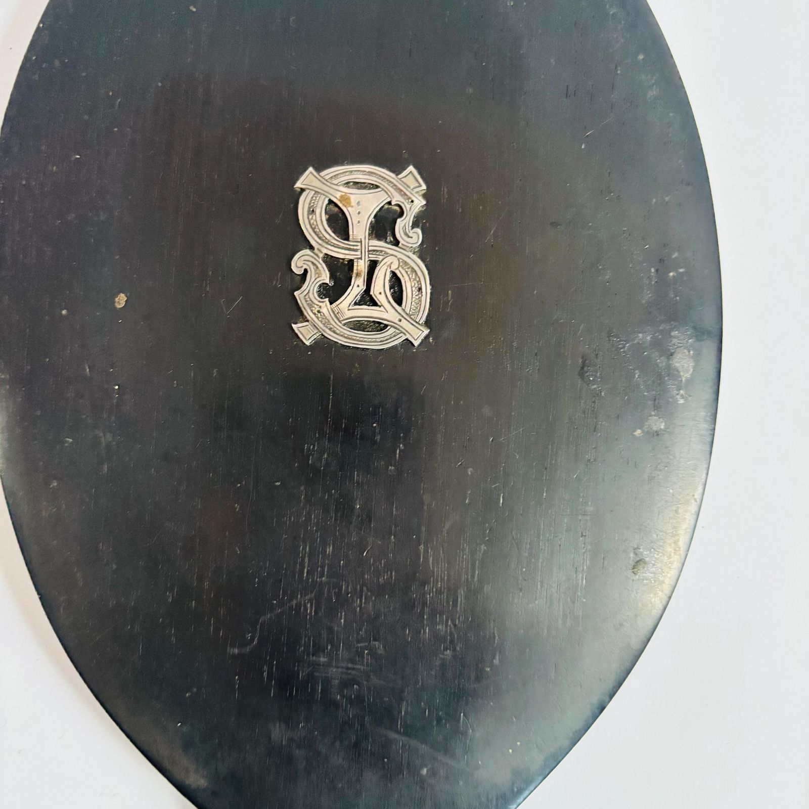 photo furniture Antique Ebony Wood Hand Mirror: 1890s Victorian Bevelled Glass, Silver Initials