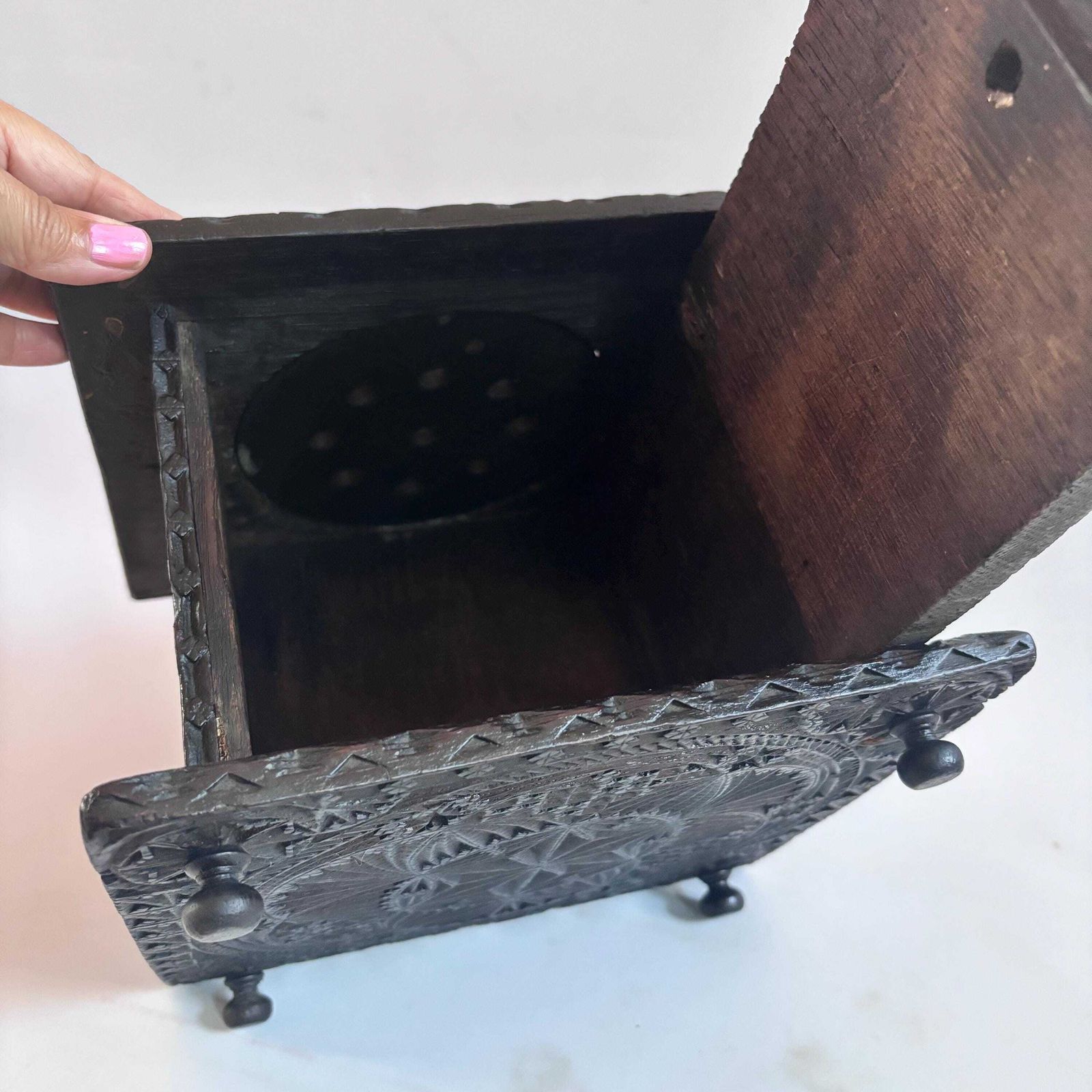 photo buy Antique Elm Foot Warmer, Georgian Hand Carved Folk Art Box, 1780s Gothcore