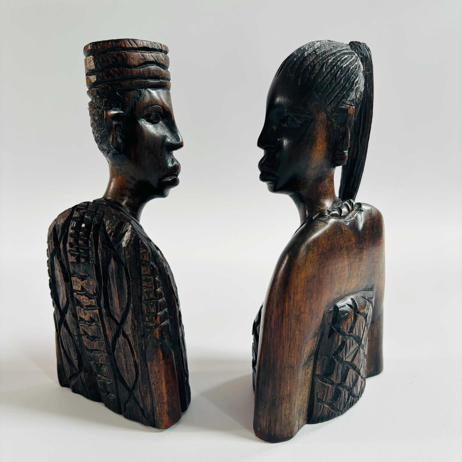 Mid Century Ebony Wood African Couple Busts: Tribal Decor photo furniture