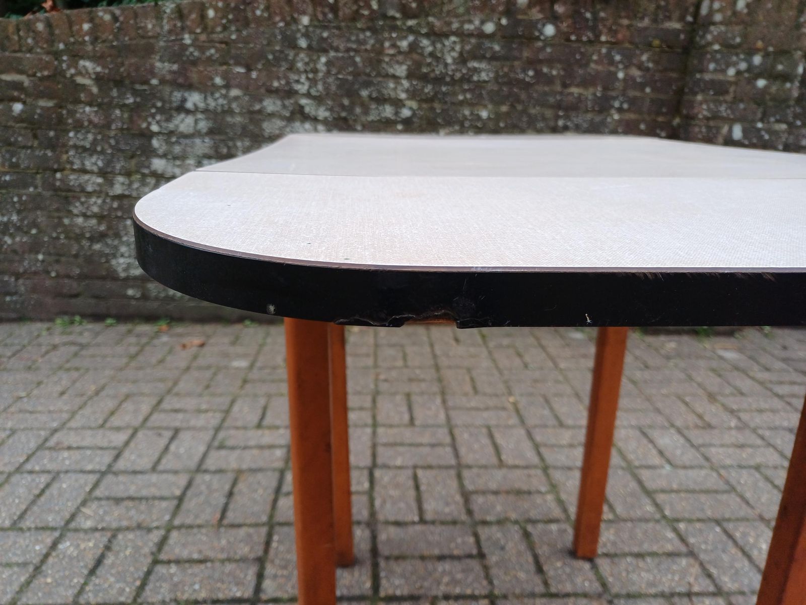 1960s Guildform Formica Kitchen Table With Folding Leaves Danish Oiled Wood Base Vintage Mid Century Dining Table photo furniture