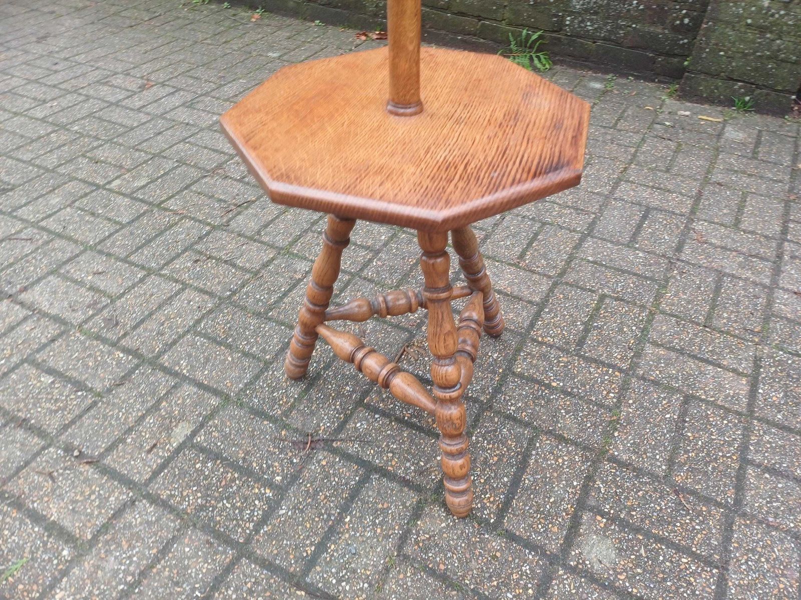 Antique Oak Lamp Table Arts And Crafts Floor Lamp Stand Early 20th Century Solid Oak Octagonal Top Turned Legs Side Table photo vintage