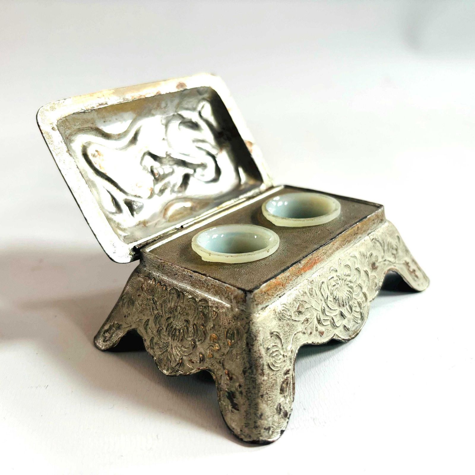 1930s Art Deco Asian Dragon Metal Inkwell With Milk Glass