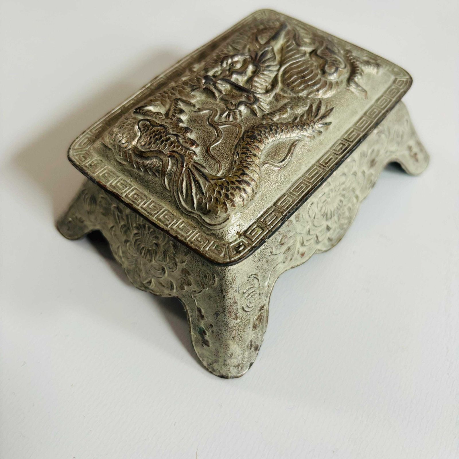 1930s Art Deco Asian Dragon Metal Inkwell With Milk Glass photo vinterior
