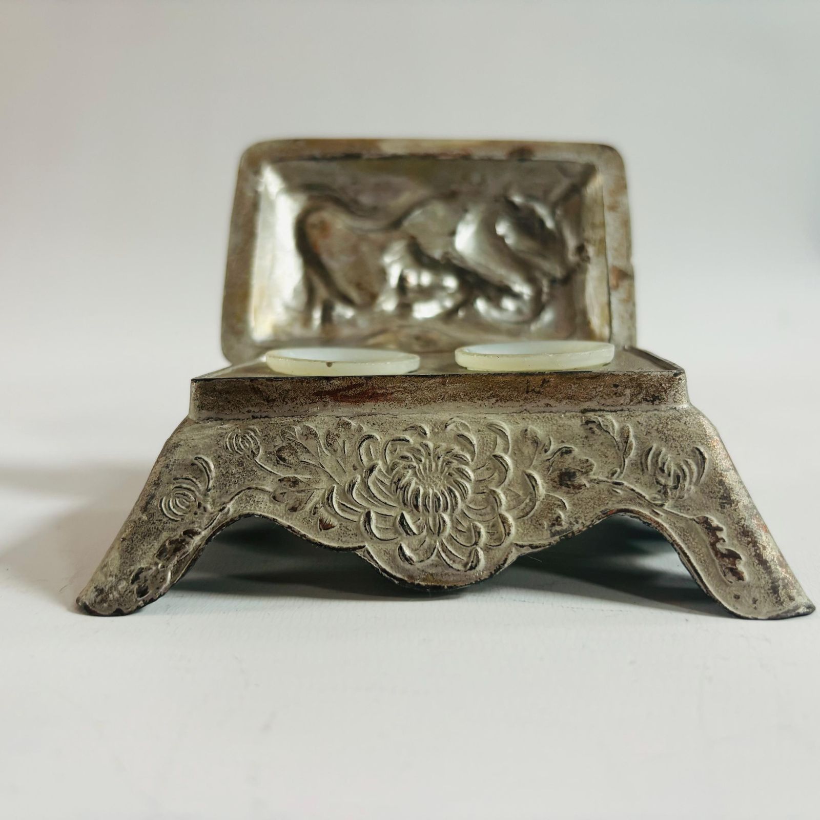 1930s Art Deco Asian Dragon Metal Inkwell With Milk Glass photo buy