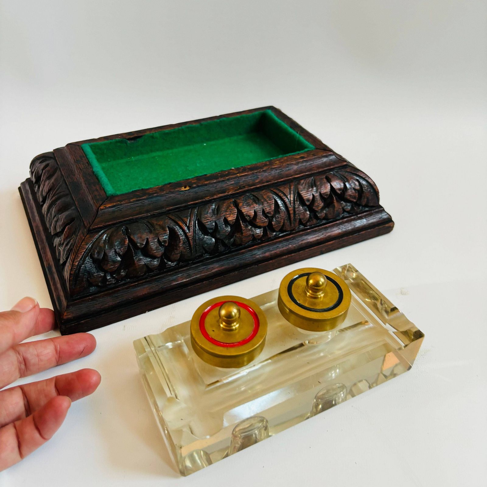 Antique Oak Inkwell: Art Deco Glass Insert, Brass Lids photo for sale