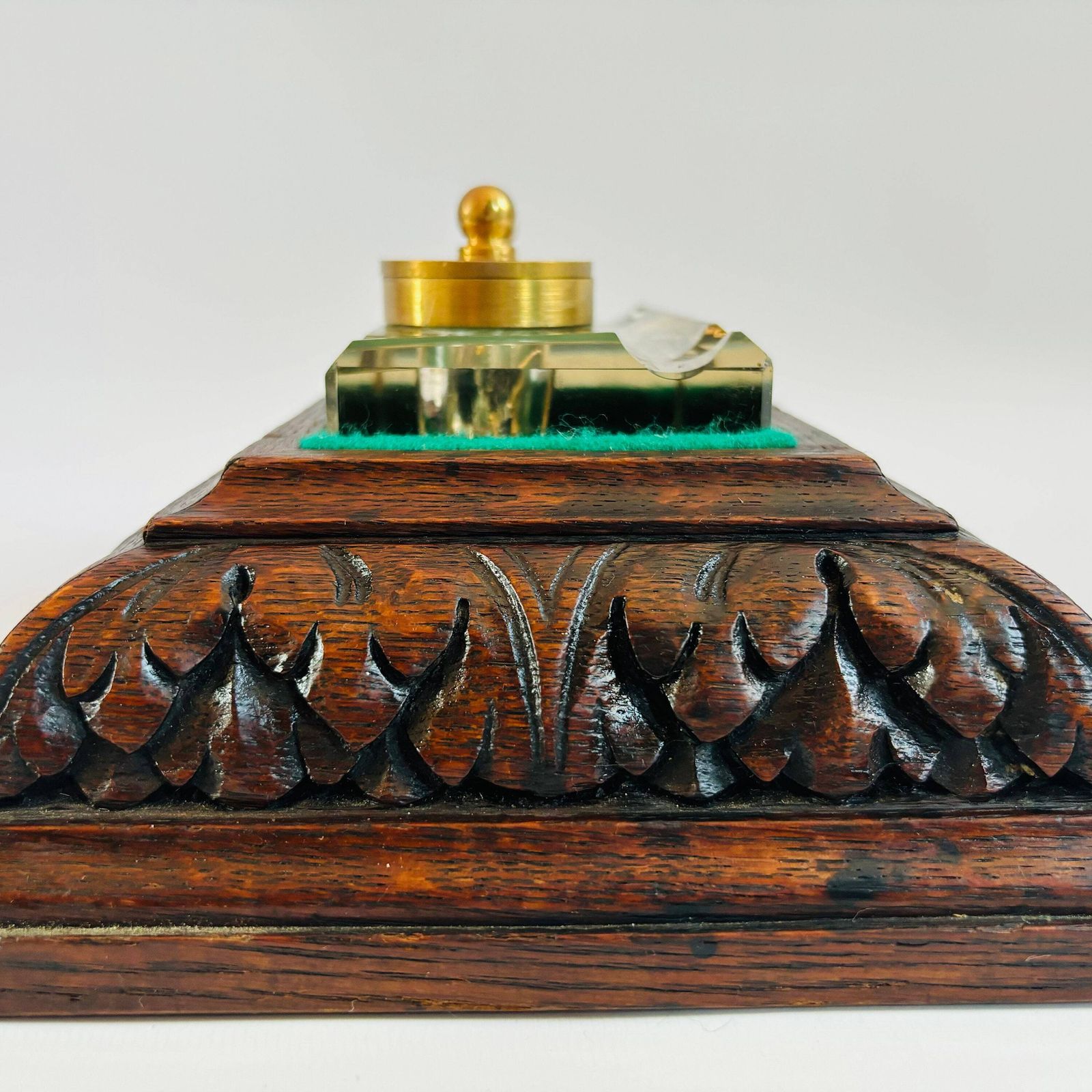 Antique Oak Inkwell: Art Deco Glass Insert, Brass Lids photo buy
