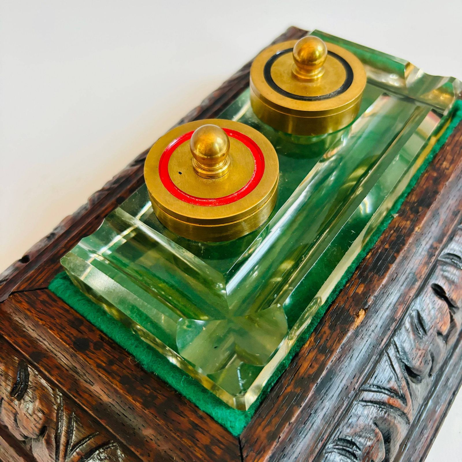 Antique Oak Inkwell: Art Deco Glass Insert, Brass Lids photo vintage