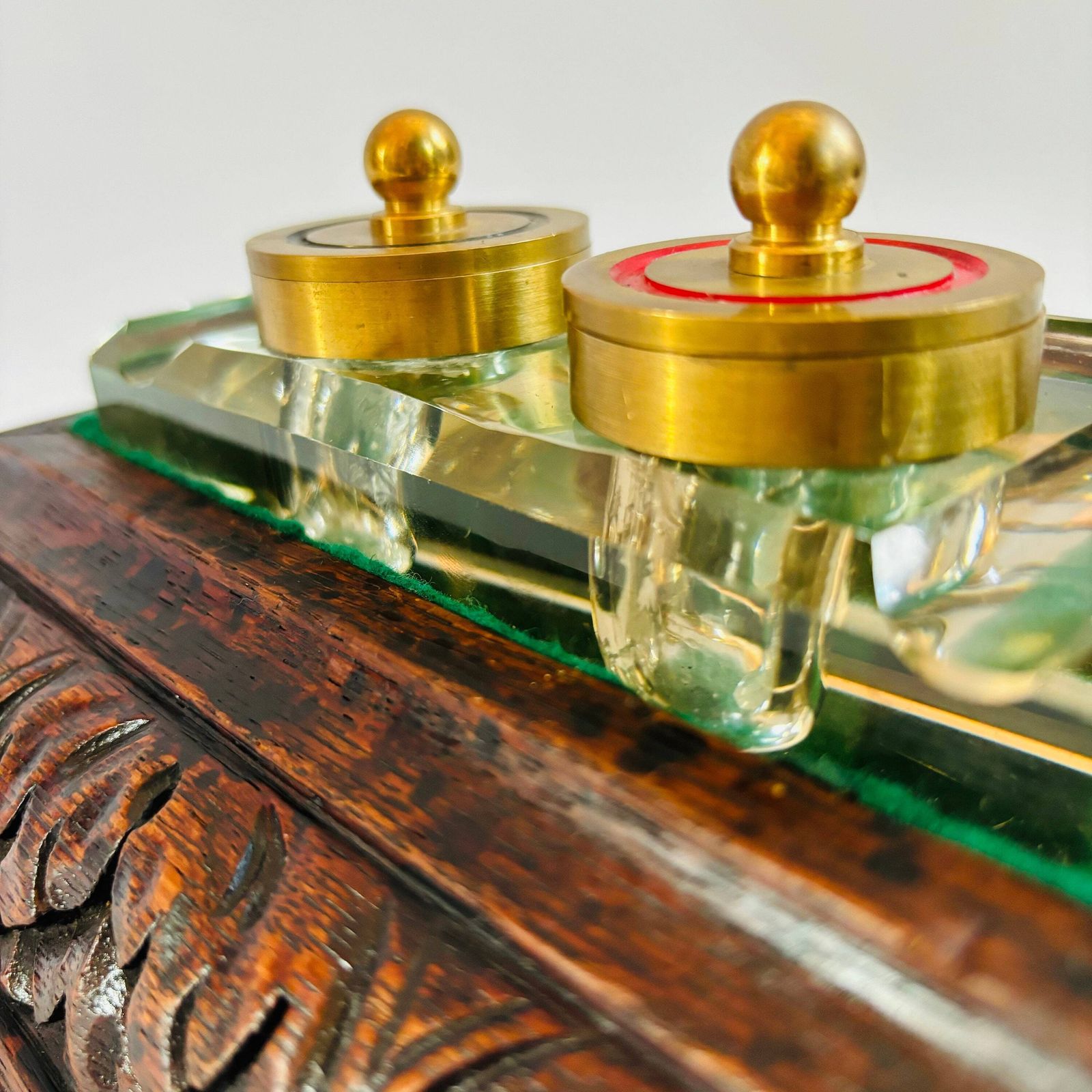 photo furniture Antique Oak Inkwell: Art Deco Glass Insert, Brass Lids