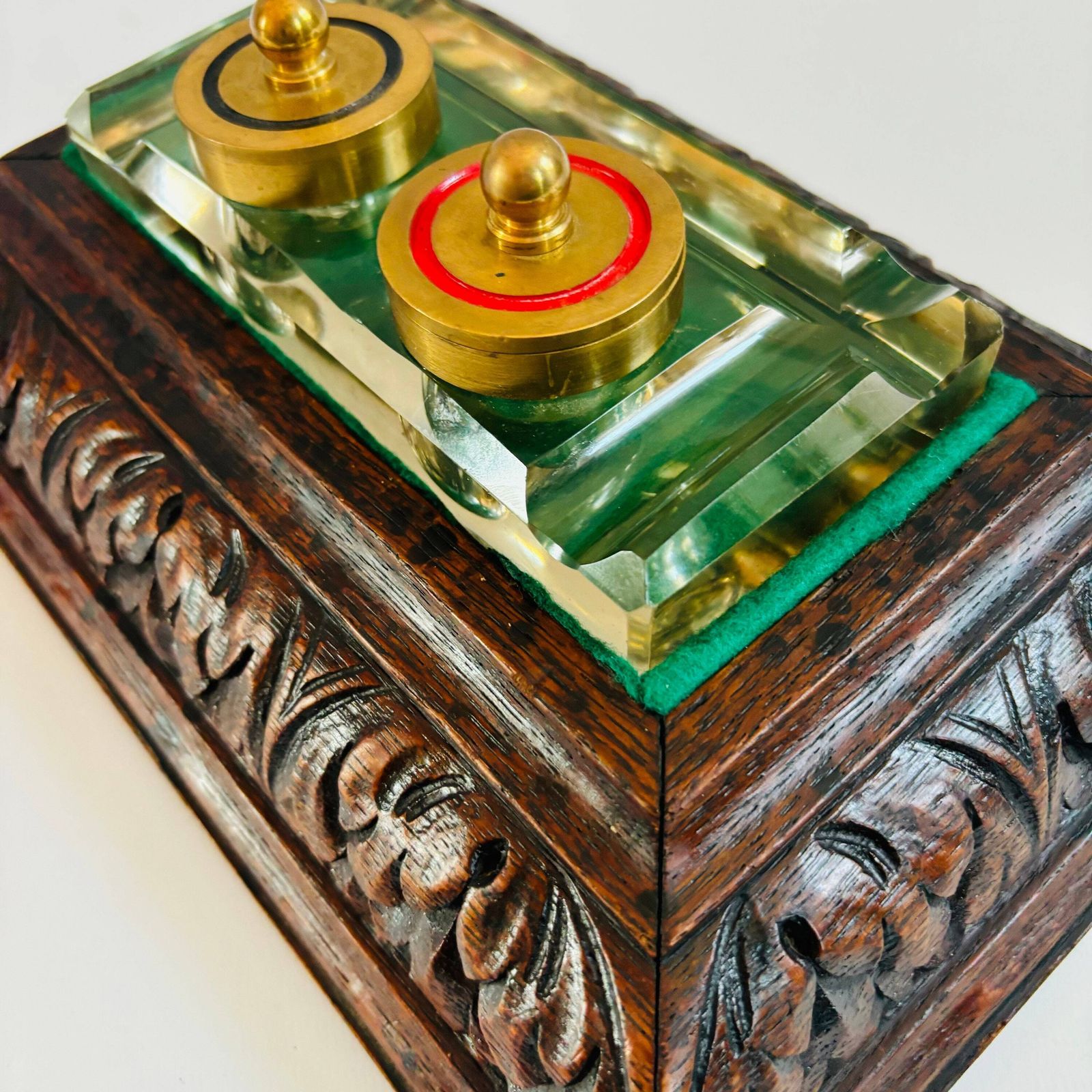 photo for sale Antique Oak Inkwell: Art Deco Glass Insert, Brass Lids