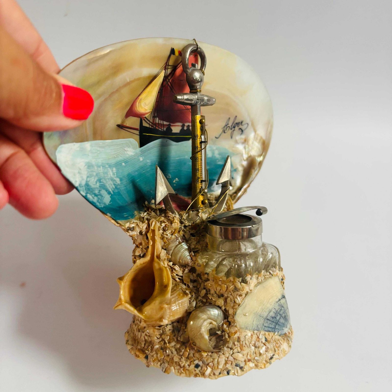 Antique French Seashell Inkwell: Alger Nautical Folk Art, 1920s photo furniture