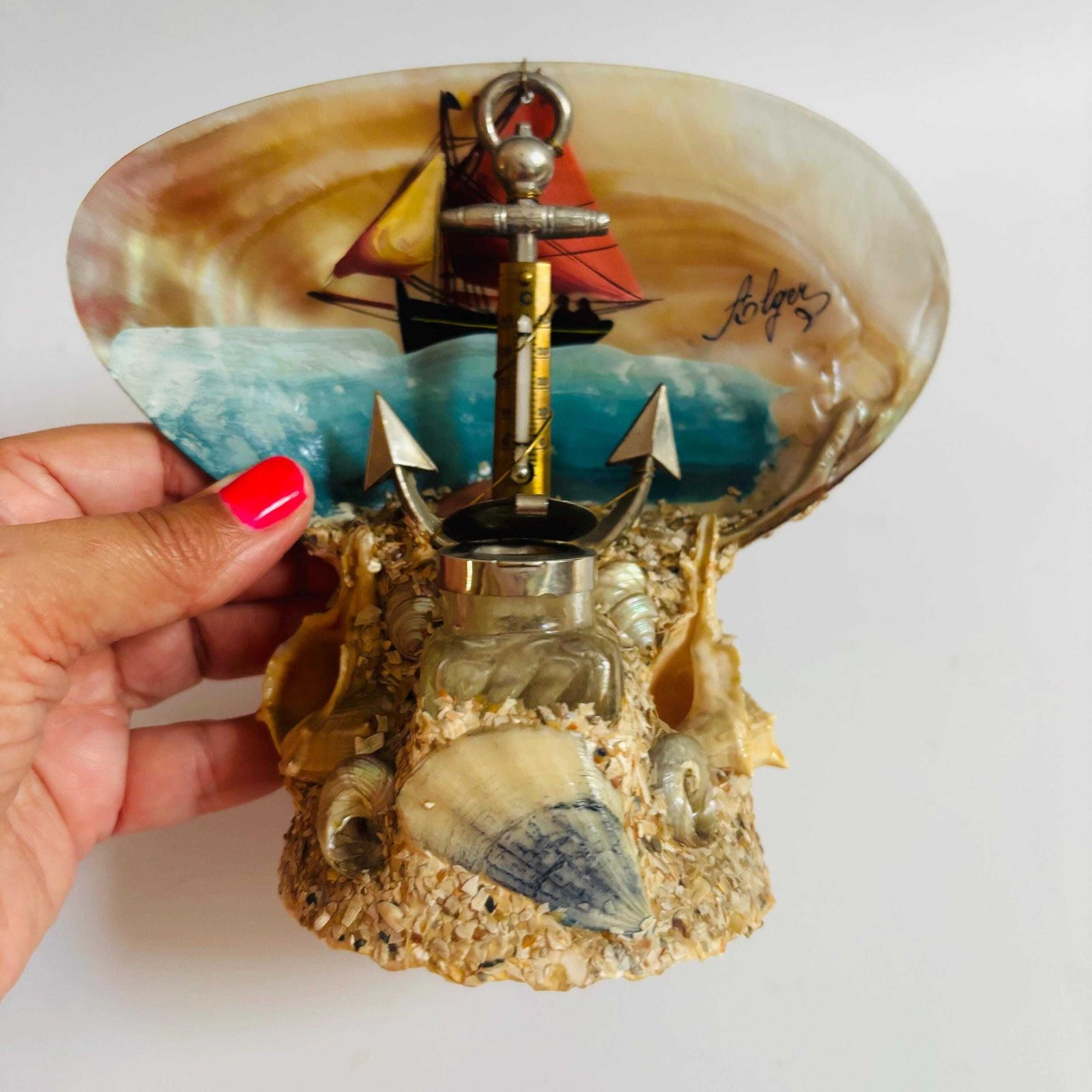 Antique French Seashell Inkwell: Alger Nautical Folk Art, 1920s photo vinterior