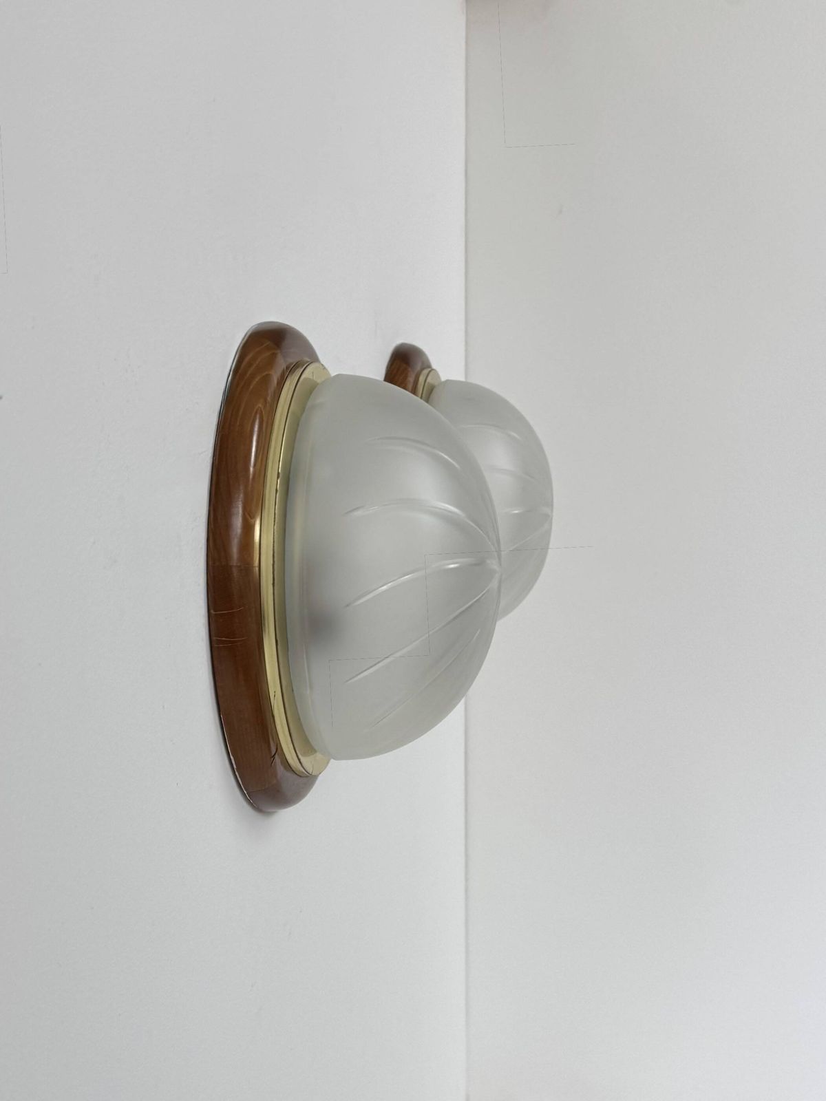 Pair Of Vintage Wall Lights, Wood, Brass And Frosted Glass, France, 1970. photo for sale