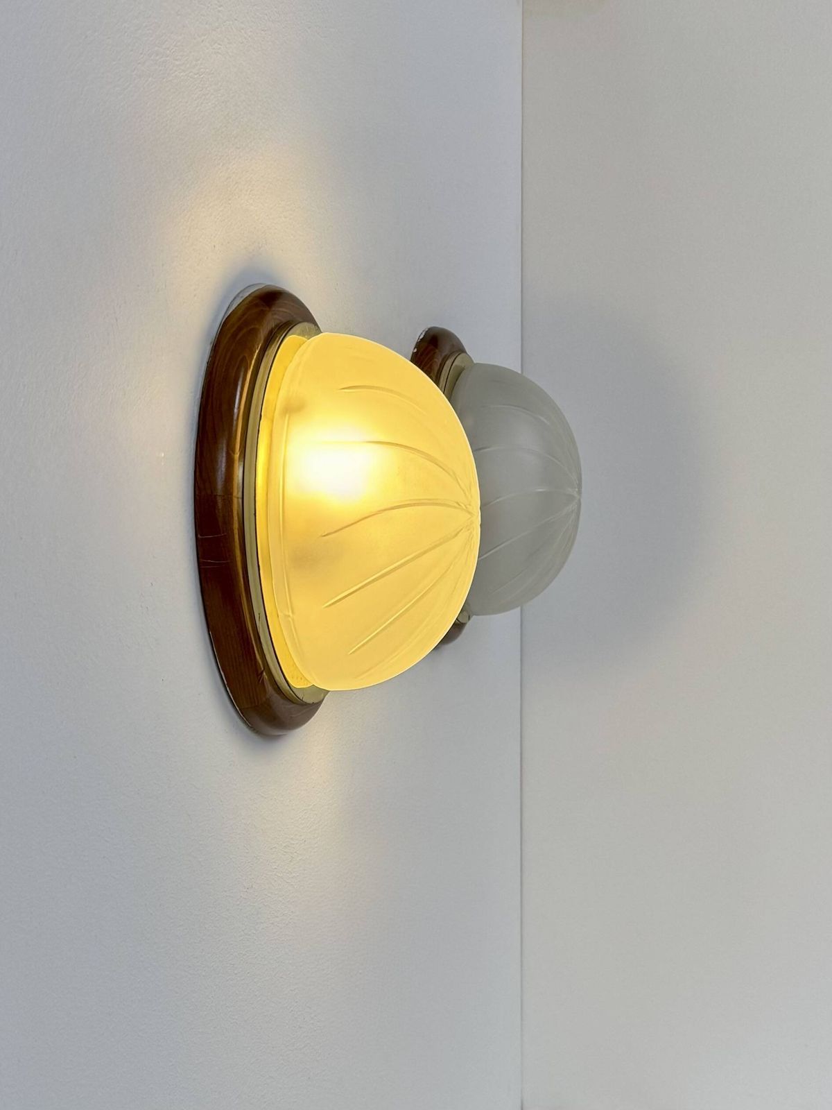 Pair Of Vintage Wall Lights, Wood, Brass And Frosted Glass, France, 1970. photo Lighting