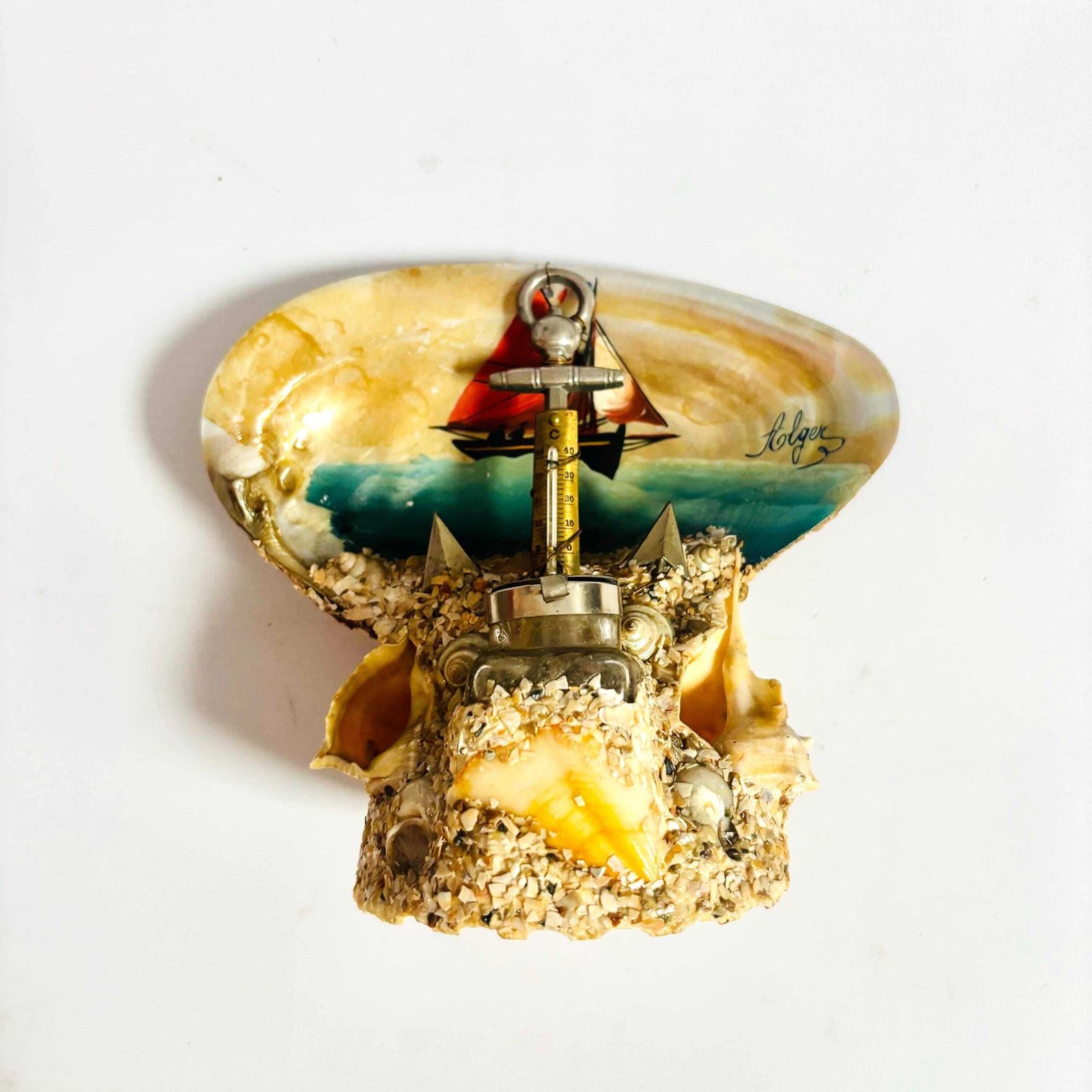 Antique French Seashell Inkwell: Alger Nautical Folk Art Barometer photo furniture