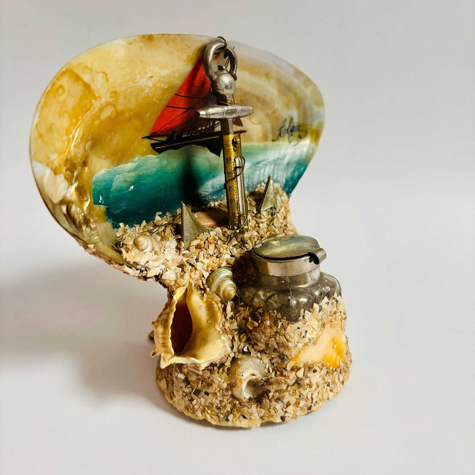 Antique French Seashell Inkwell: Alger Nautical Folk Art Barometer photo 121.0