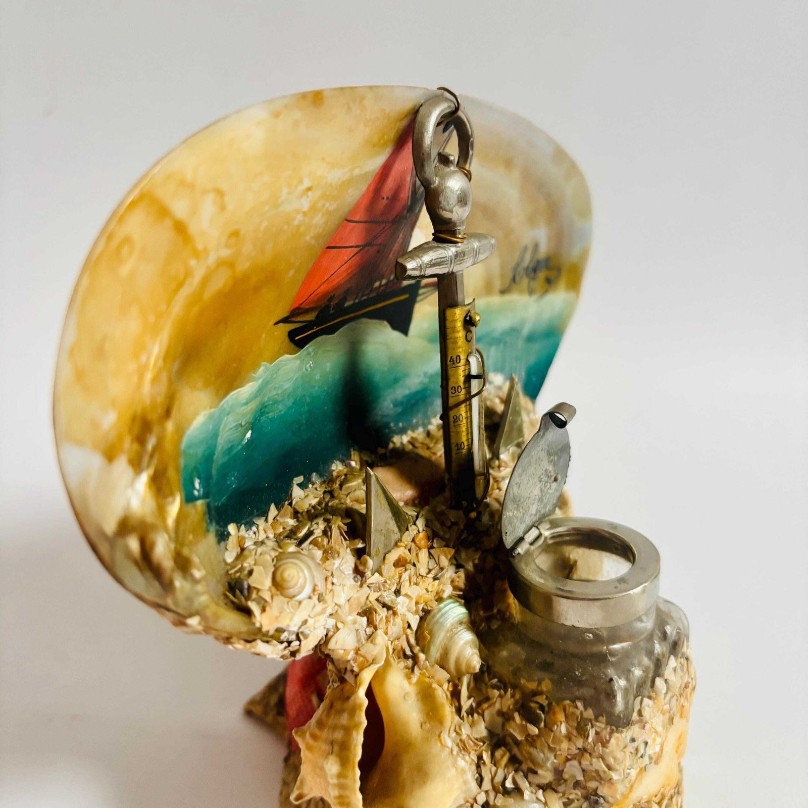 Antique French Seashell Inkwell: Alger Nautical Folk Art Barometer photo vinterior
