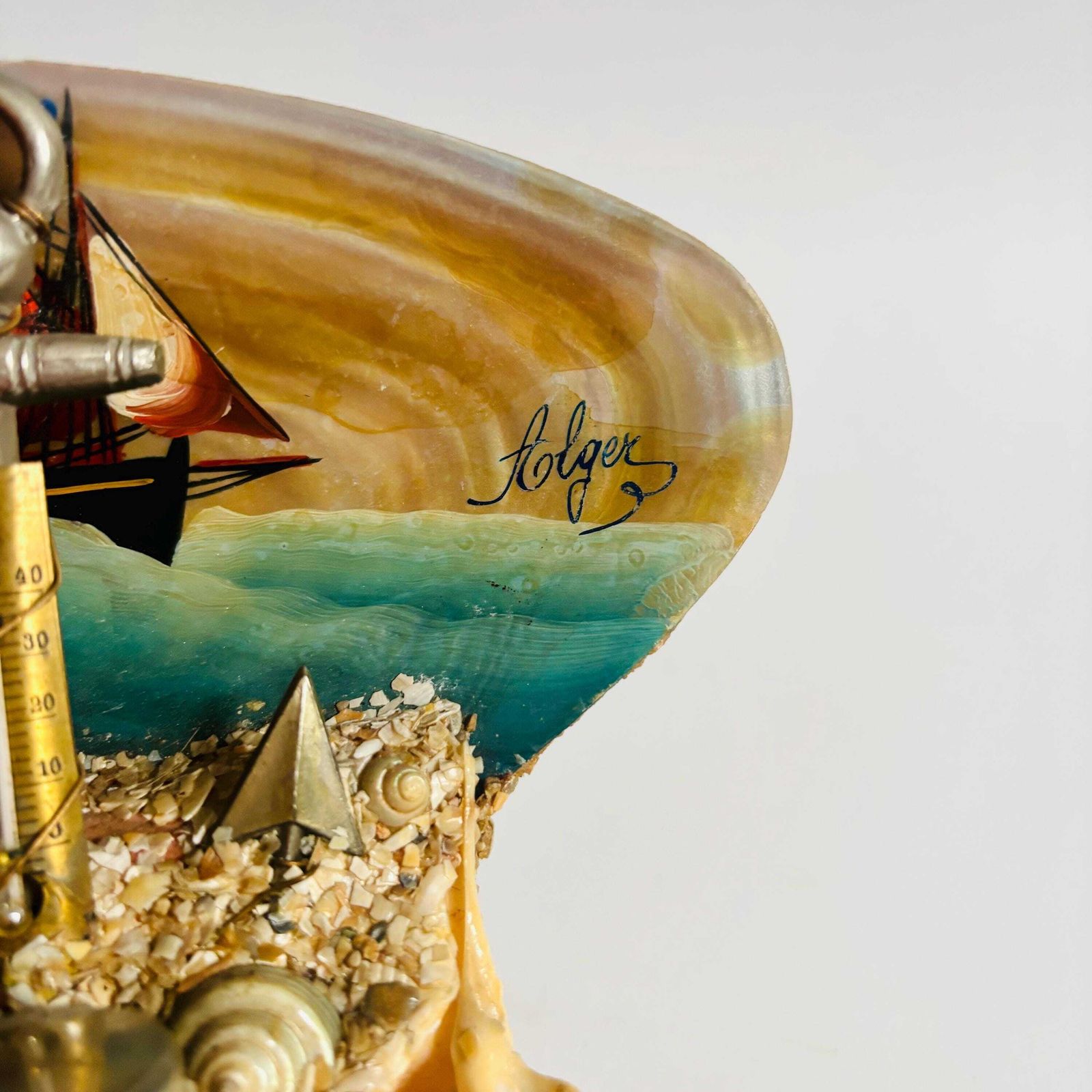 photo furniture Antique French Seashell Inkwell: Alger Nautical Folk Art Barometer
