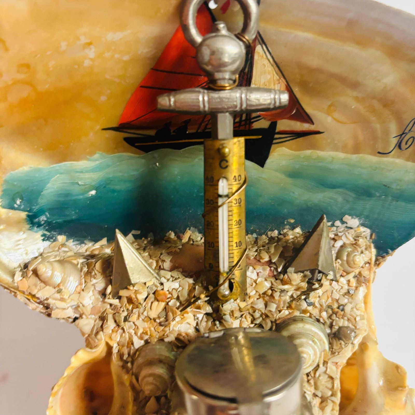 photo for sale Antique French Seashell Inkwell: Alger Nautical Folk Art Barometer