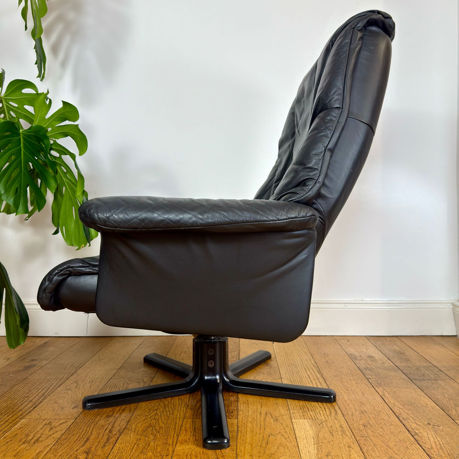 Vintage Scandinavian Leather Recliner Swivel Chair And Footstool photo vinterior