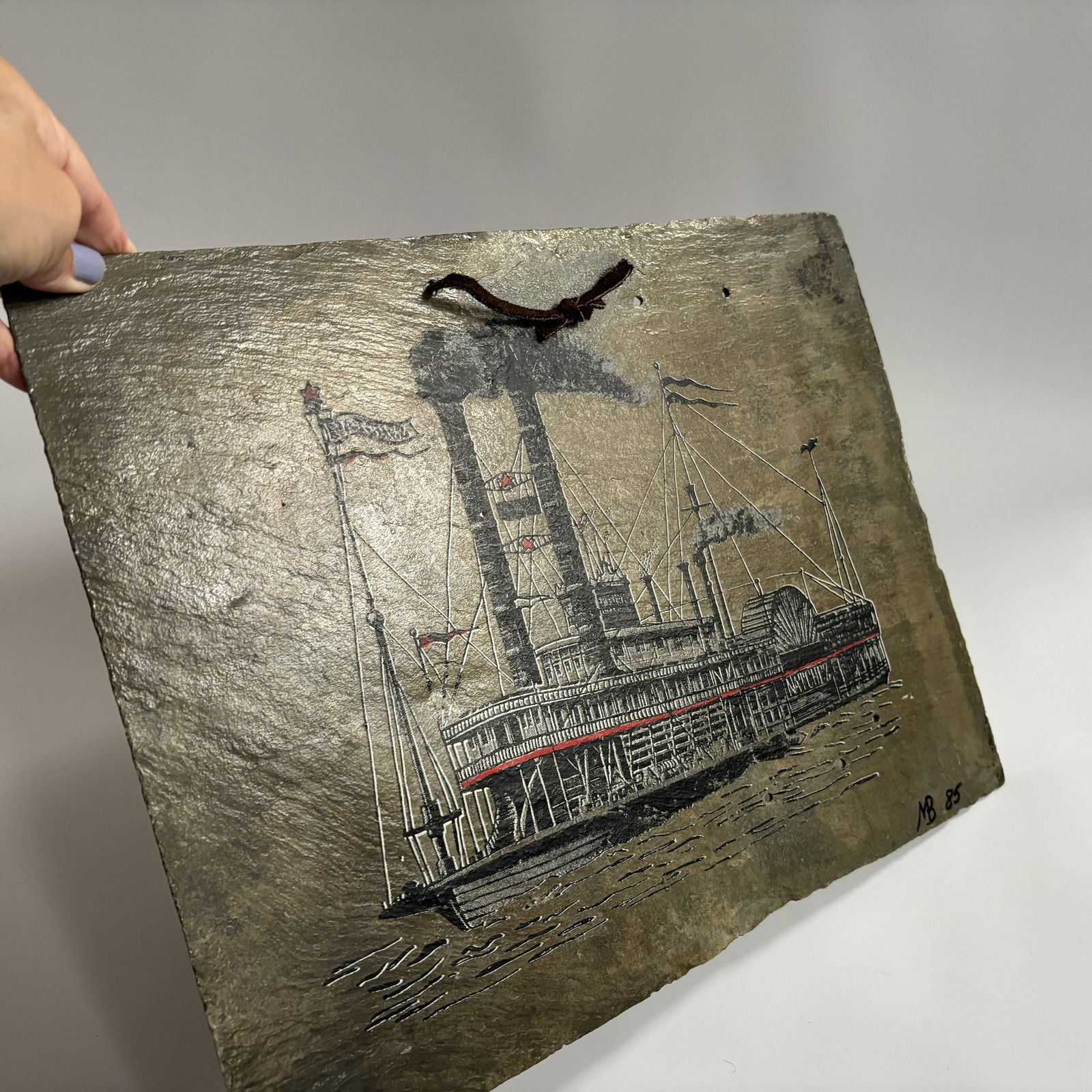 Antique Steamboat Natchez Slate Art: Hand Painted New Orleans Scene photo vinterior