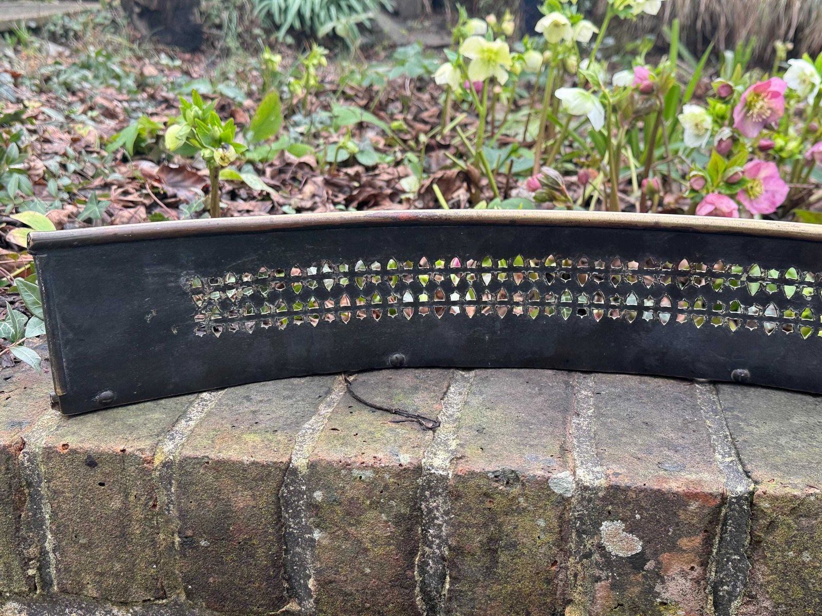 145.0 Antique Brass Fire Fender Victorian Pierced Hearth Fender Decorative Fireplace Guard photo