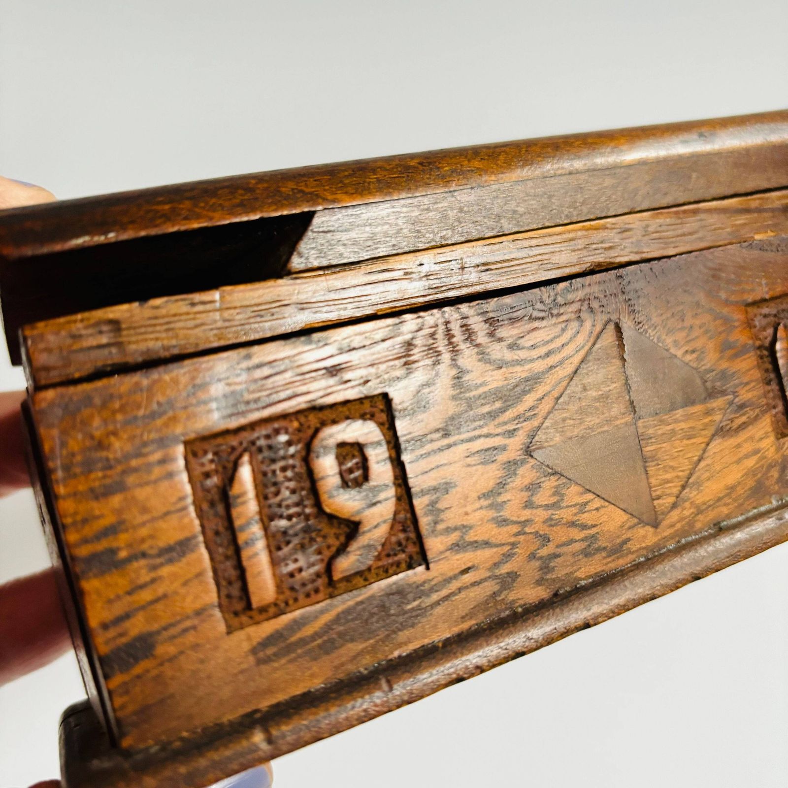 Antique Elm Wood Keepsake Box: 1918 French Tramp Art Folk Carving photo buy