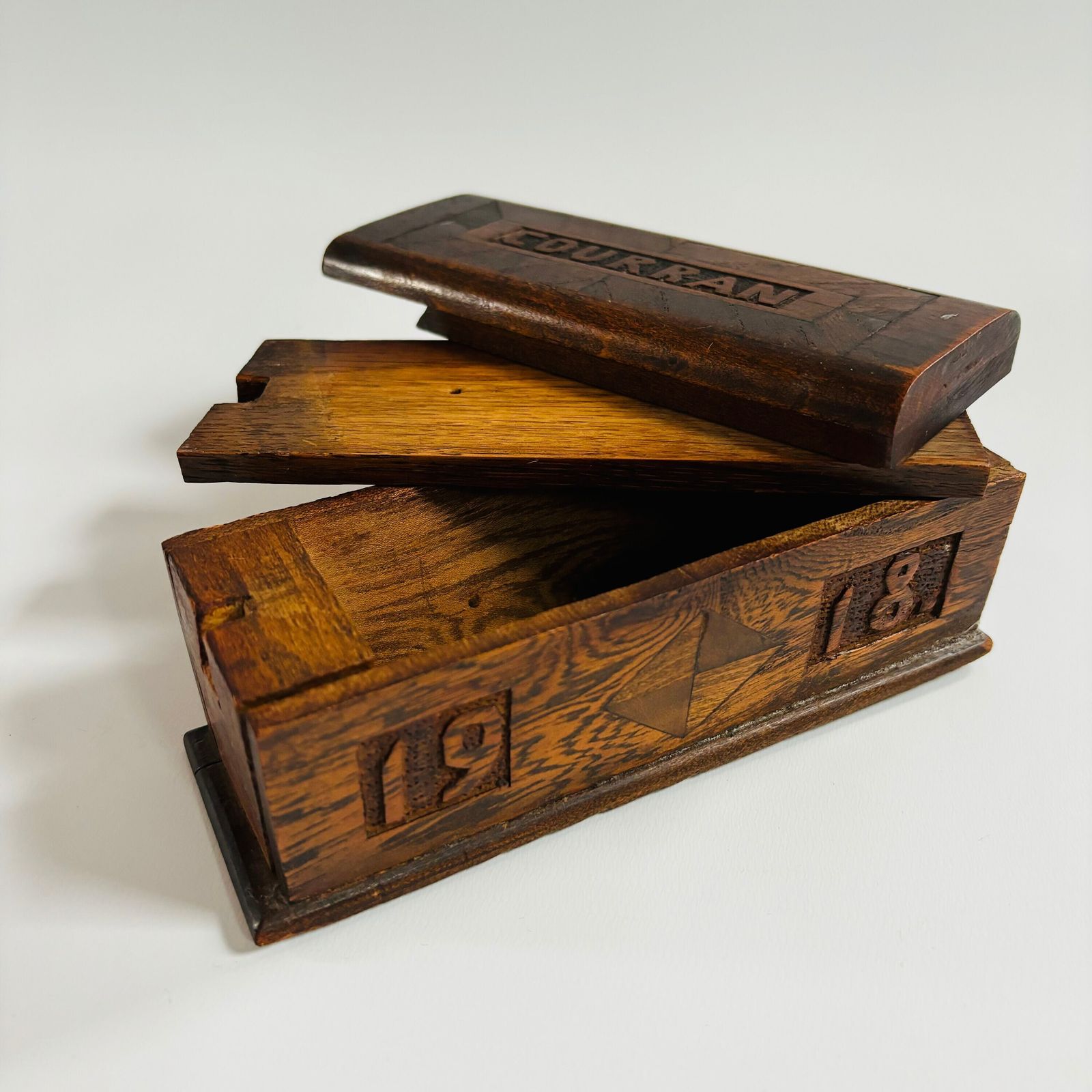Antique Elm Wood Keepsake Box: 1918 French Tramp Art Folk Carving photo vintage