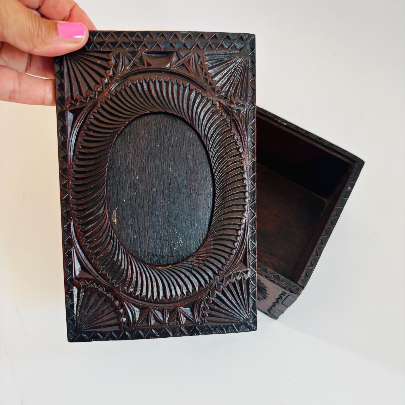 Antique Edwardian Elm Trinket Box: Chip Carved Design, Picture Insert photo furniture