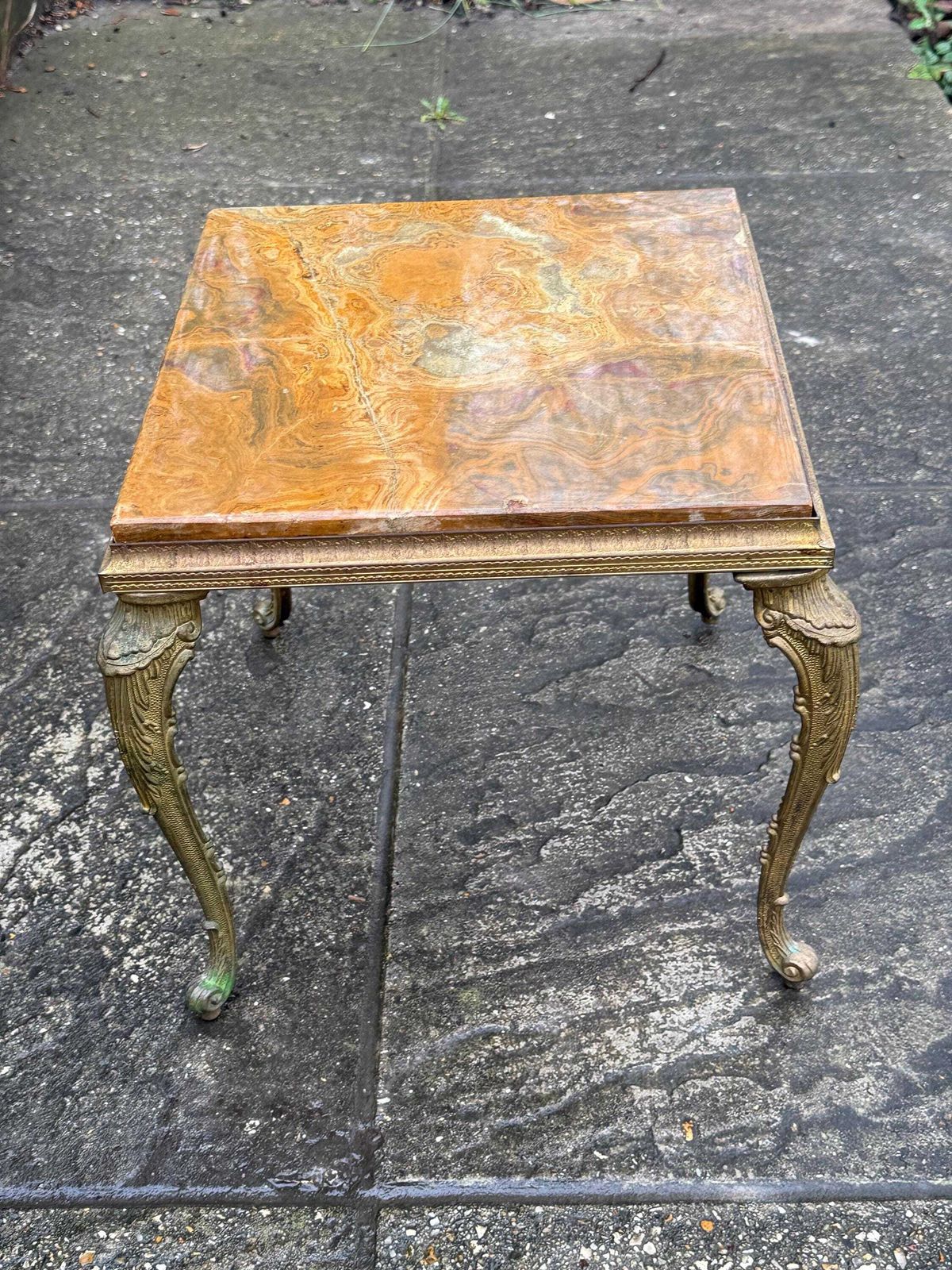 Authentic Retro Brass Detailed Side Table With Marble Onyx Top Retro Neoclassical Style photo furniture
