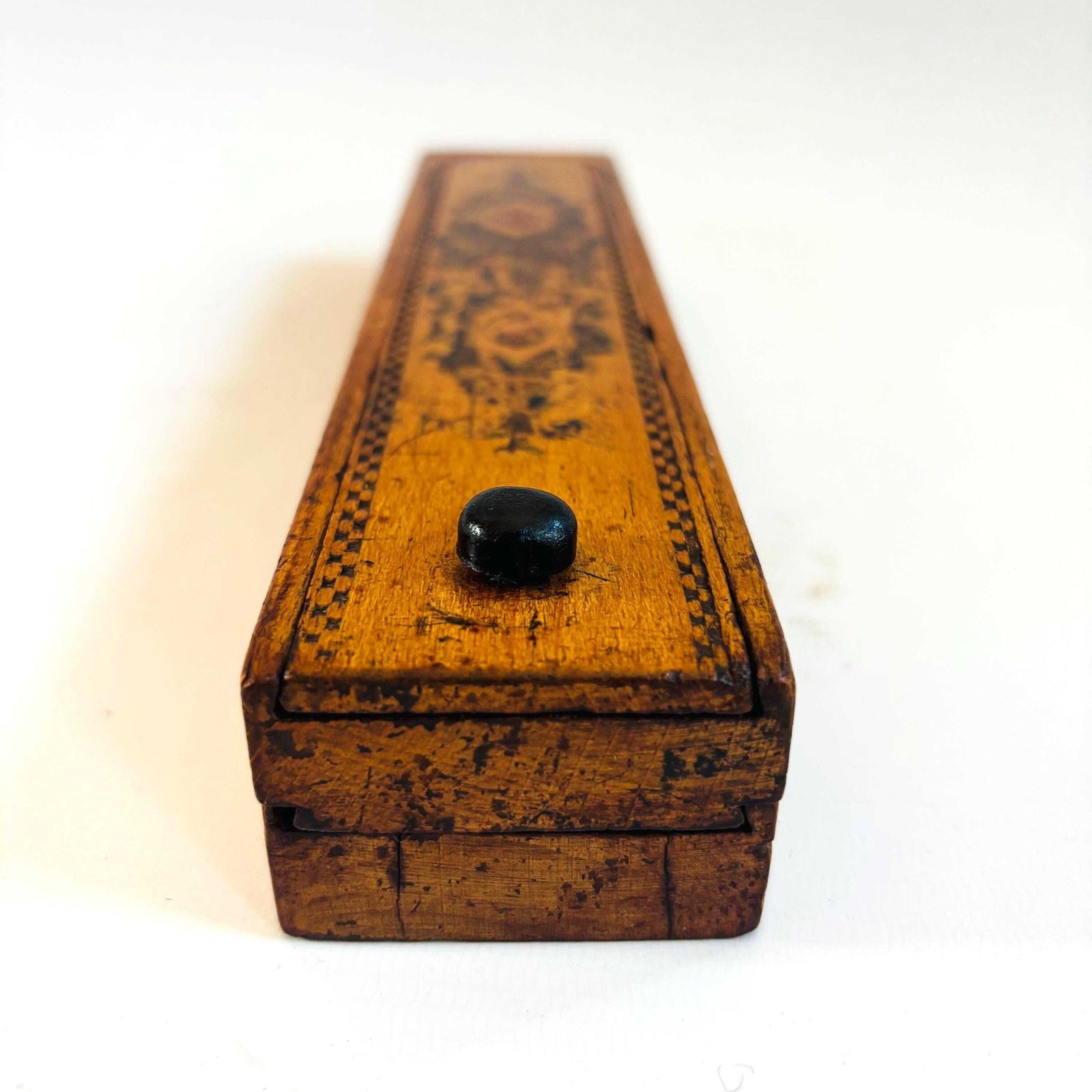 photo for sale Antique Tunbridge Victorian Beech Wood Pencils Artists Box With Secret Sliding Compartments 1900s